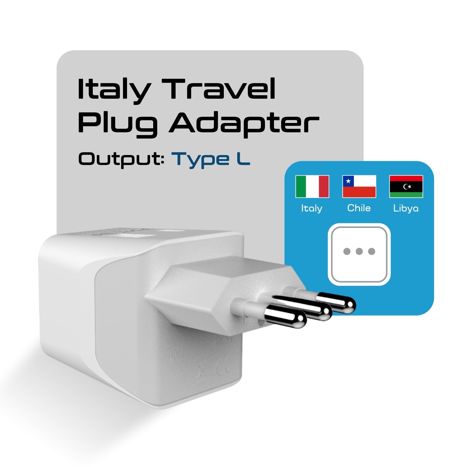 Italy Travel Adapter - Type L - USB-A + USB-C (CTU-12A)