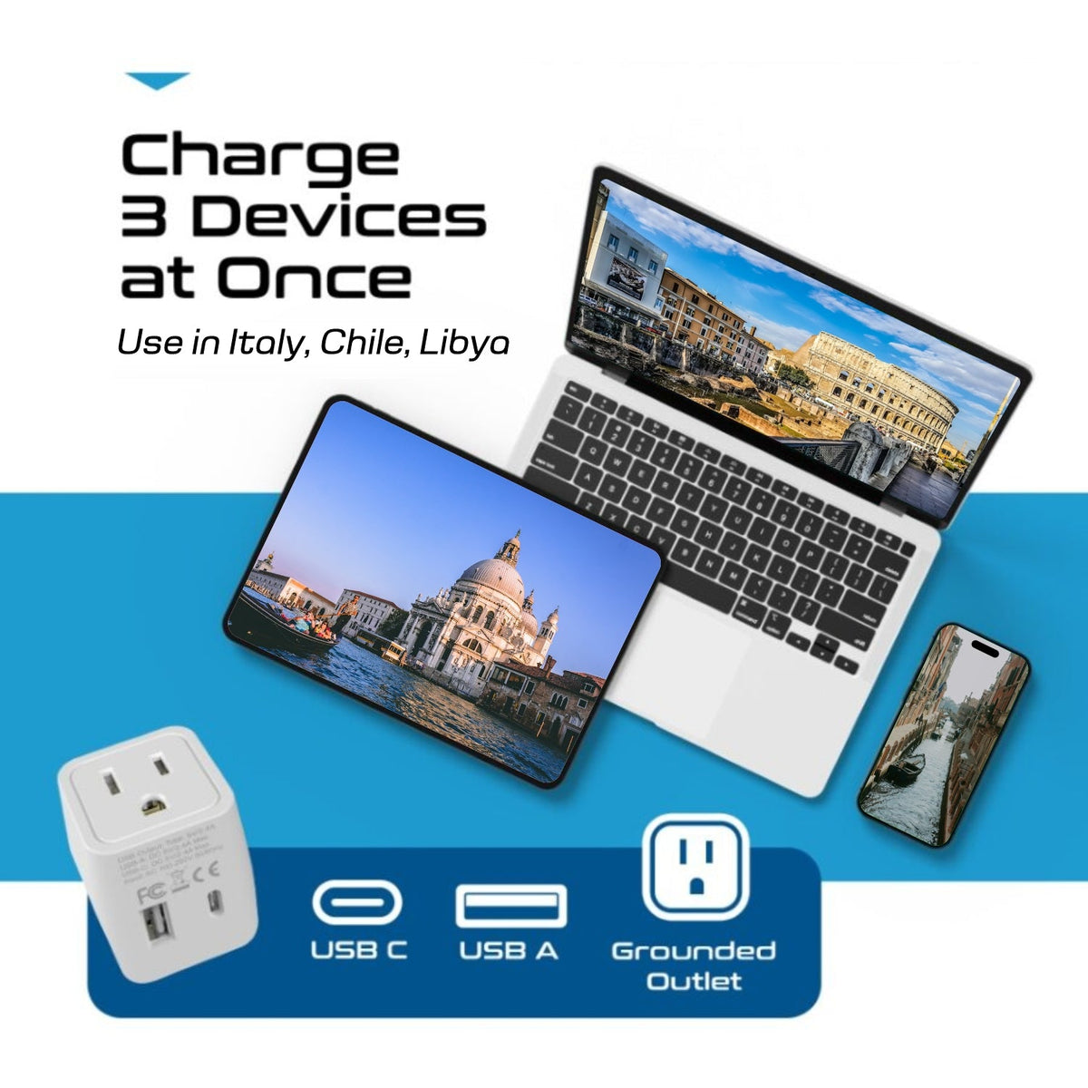 Italy Travel Adapter - Type L - USB-A + USB-C (CTU-12A)