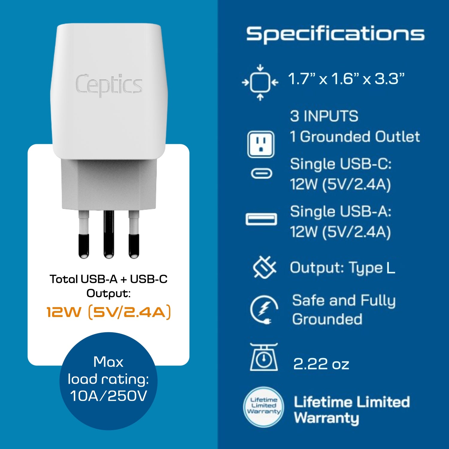 Italy Travel Adapter Plug Combo - Type C, L | USB-A + USB-C - Italian Combo (CTU-12-9C)