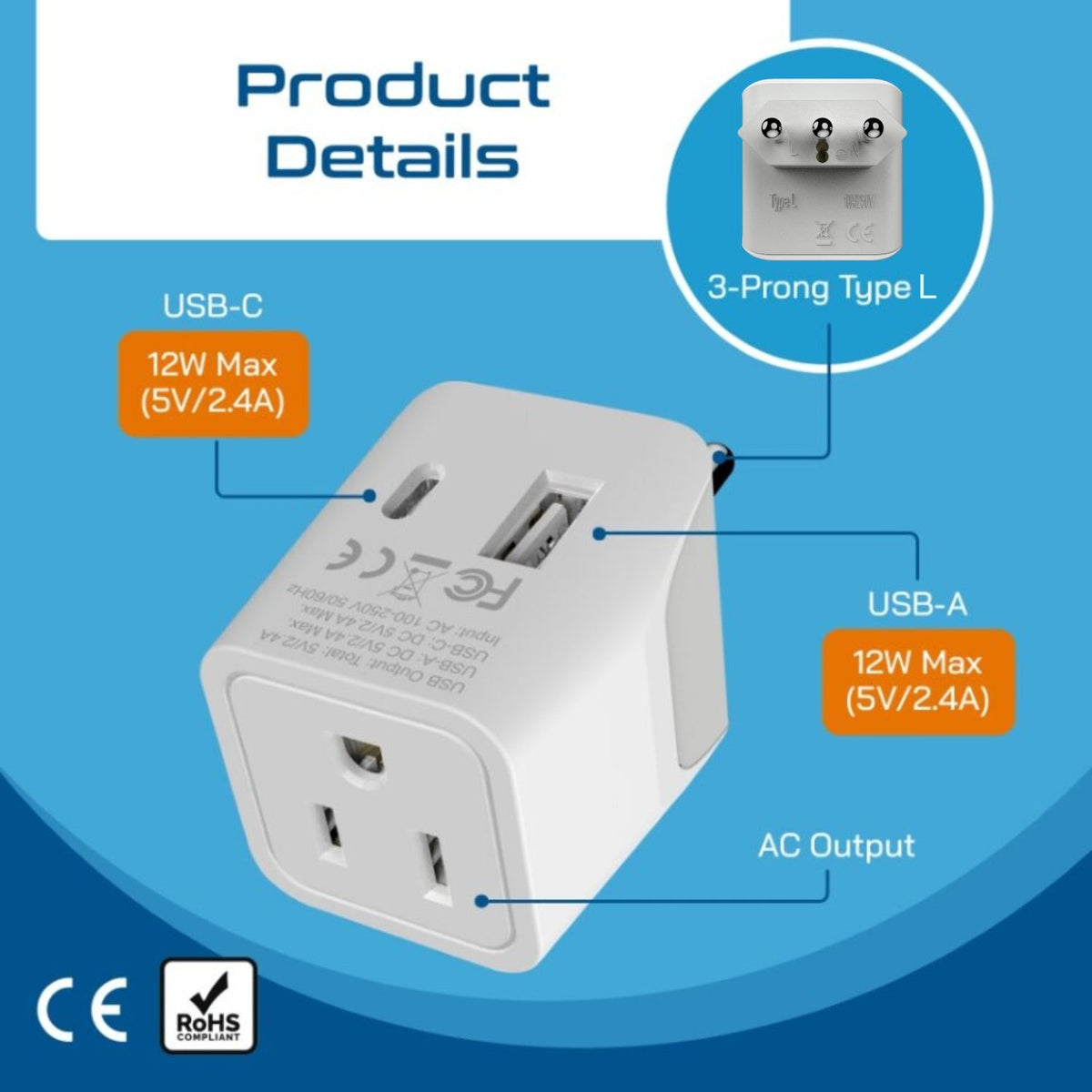 Italy Travel Adapter - Type L - USB-A + USB-C (CTU-12A)