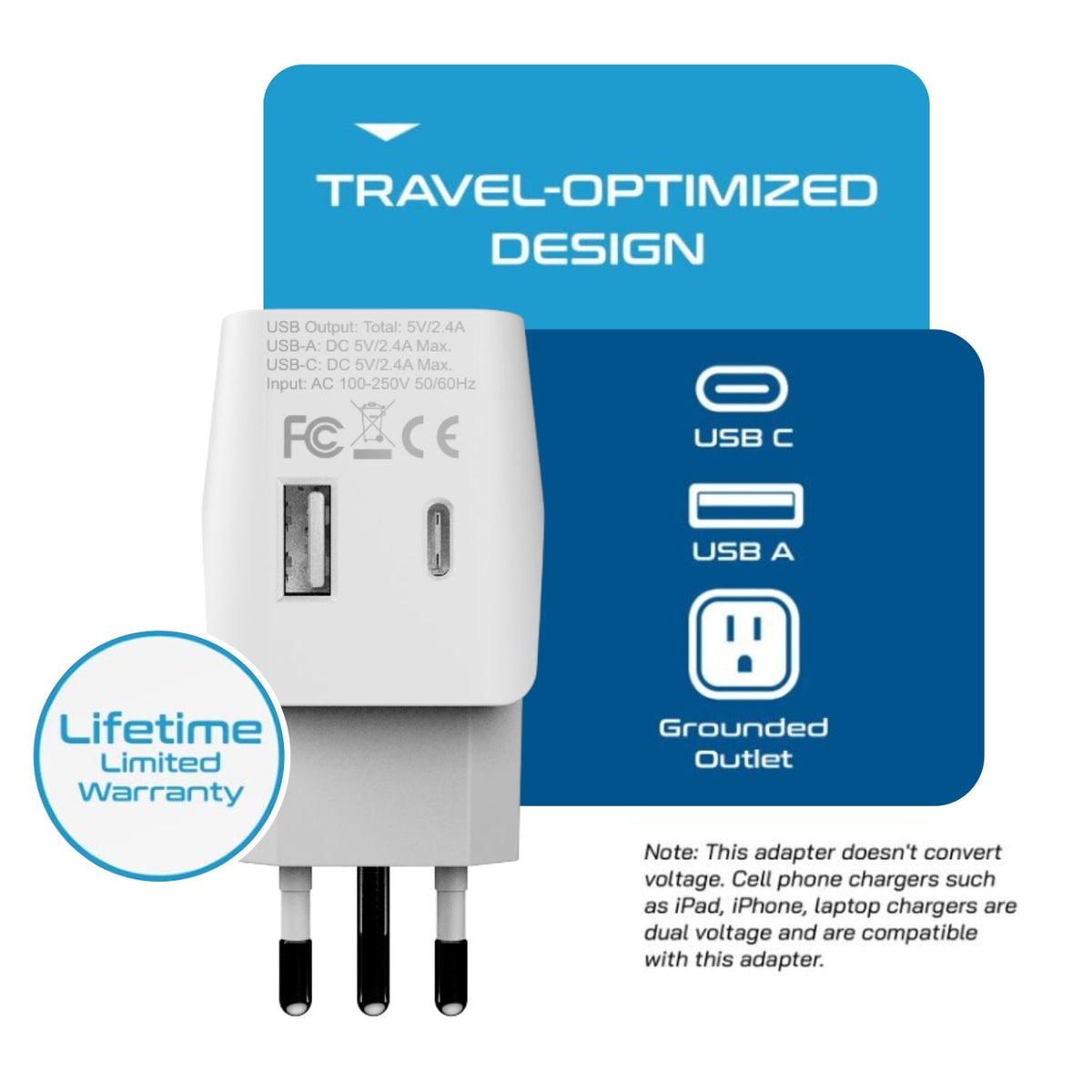 Italy Travel Adapter - Type L - USB-A + USB-C (CTU-12A)