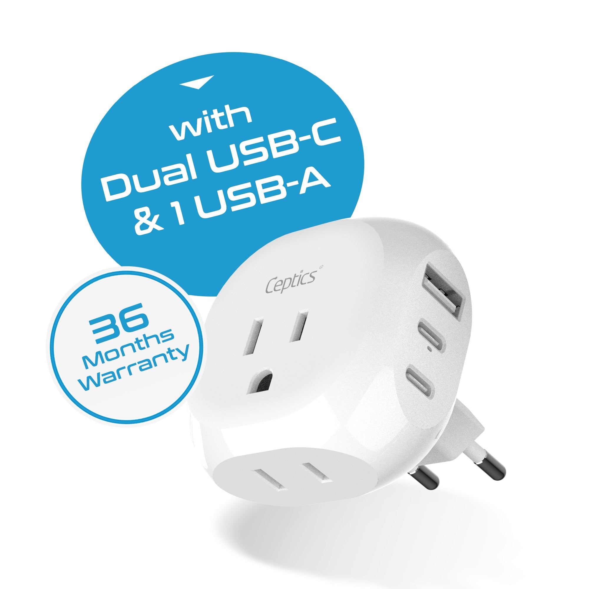 European Travel Plug Adapter - Type C - 5 in 1 - Ultra Compact (PTU-9C)