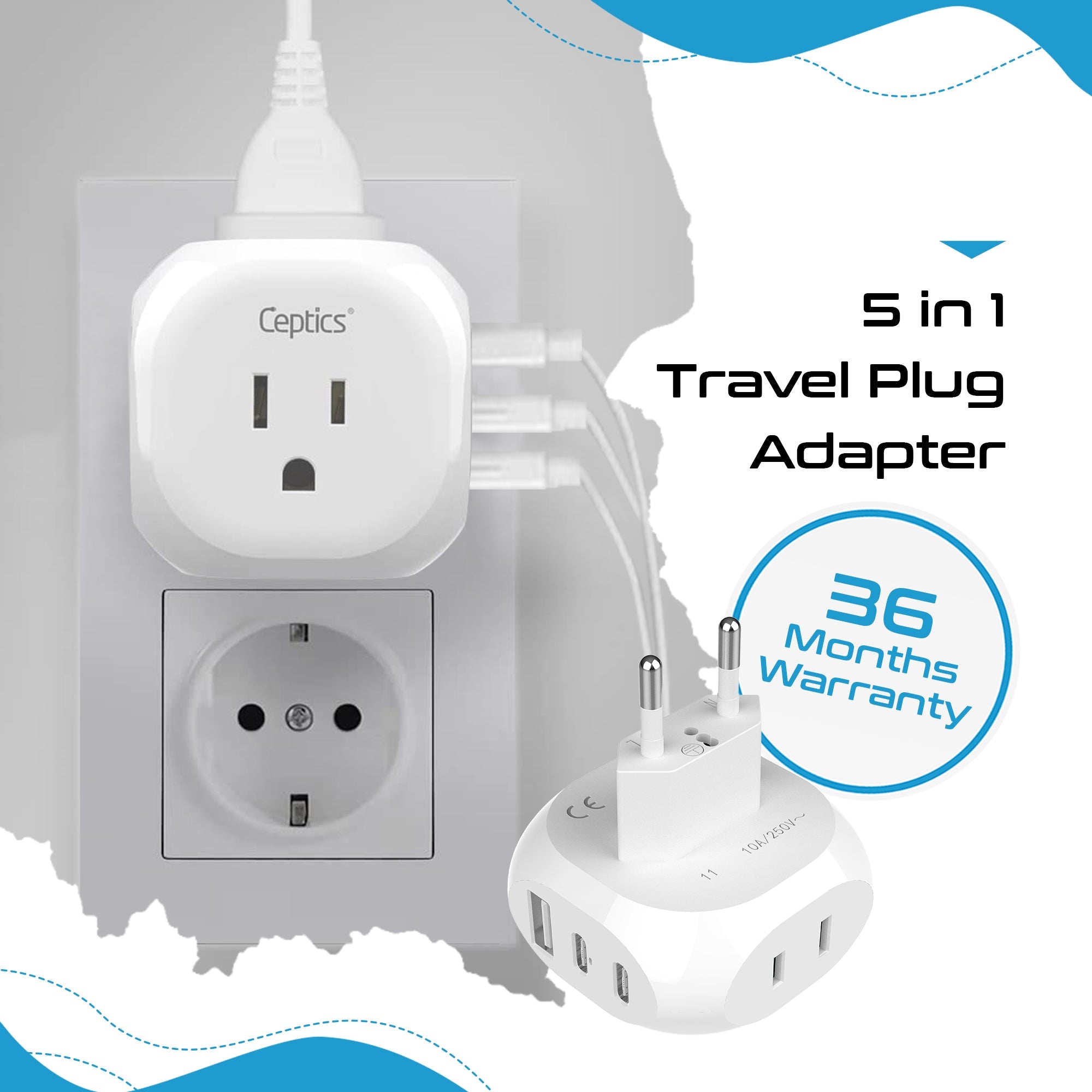 European Travel Plug Adapter - Type C - 5 in 1 - Ultra Compact (PTU-9C)