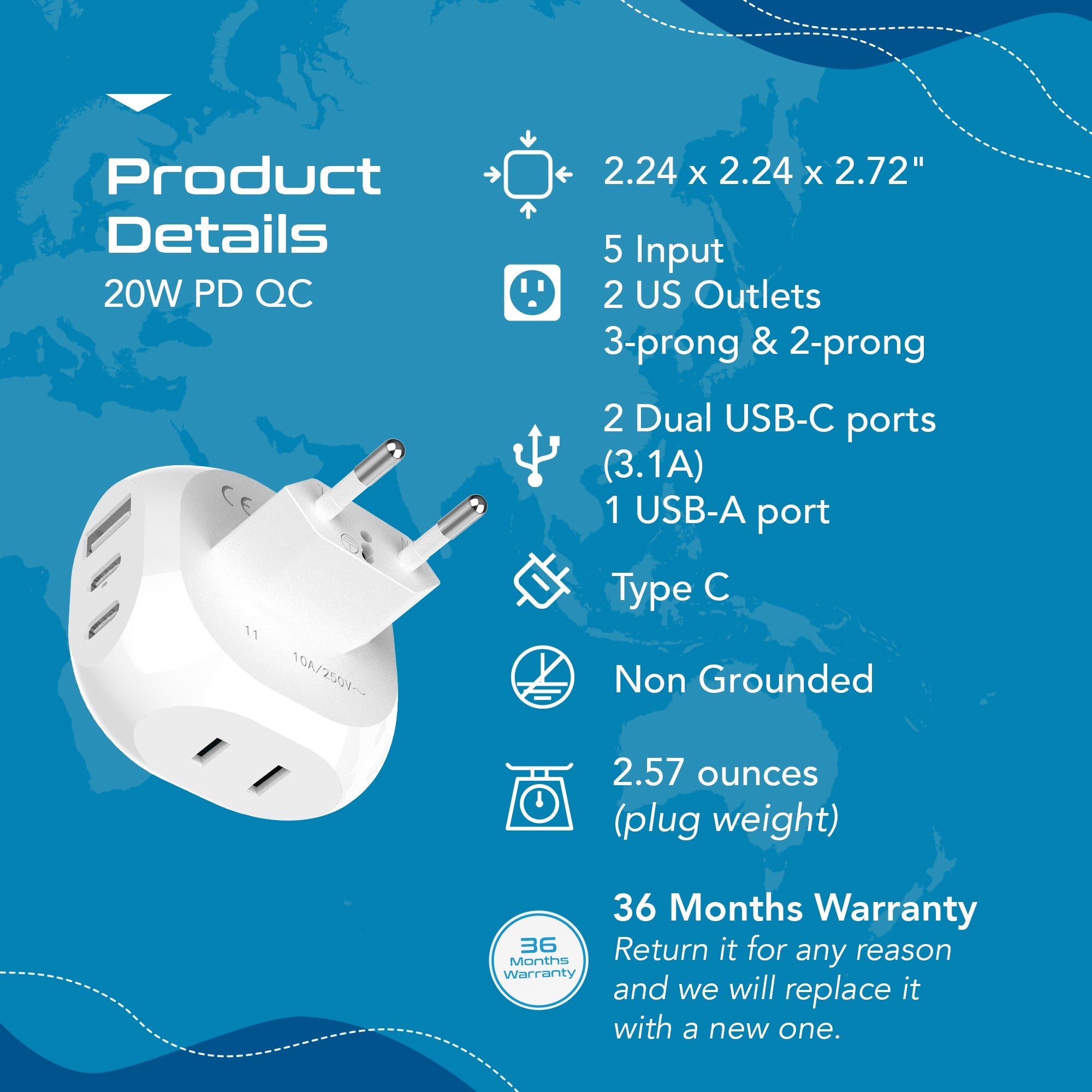 European Travel Plug Adapter - Type C - 5 in 1 - Ultra Compact (PTU-9C)
