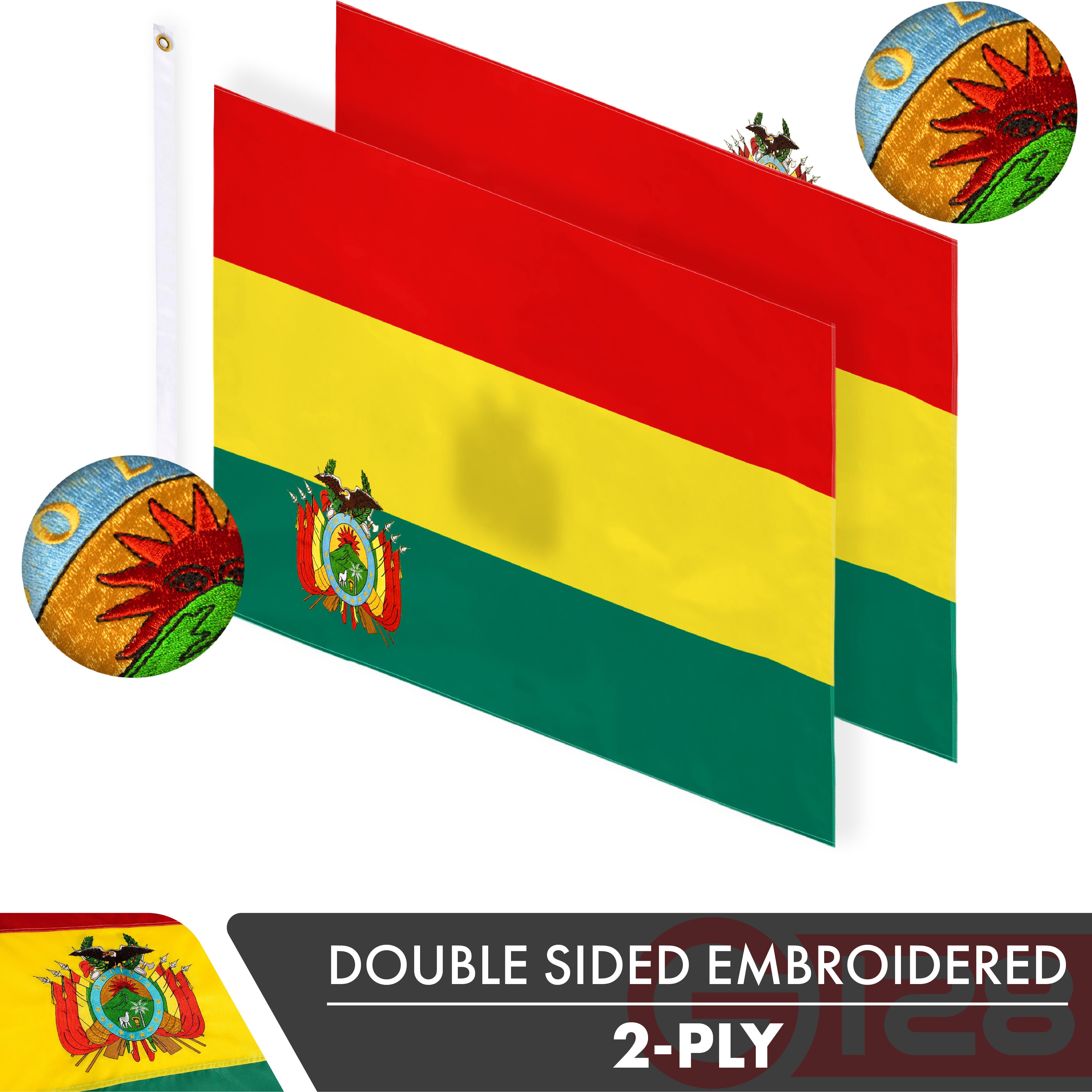 Bolivia (Bolivian) Flag | 3x5 feet | Double Sided Embroidered 210D Indoor/Outdoor, Brass Grommets, Heavy Duty Polyester