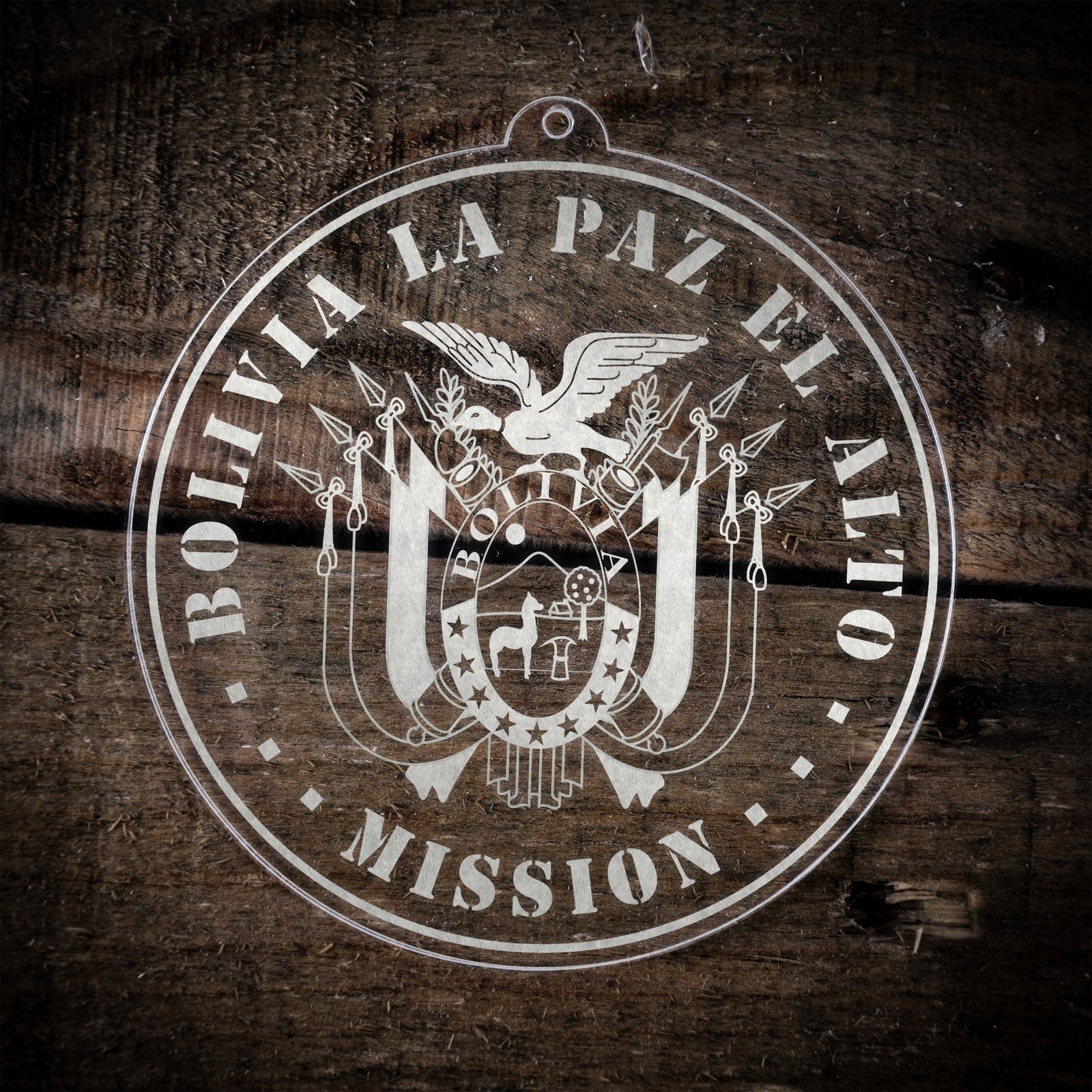 LDS Bolivia La Paz El Alto Mission Christmas Ornament laying on a Wooden Background