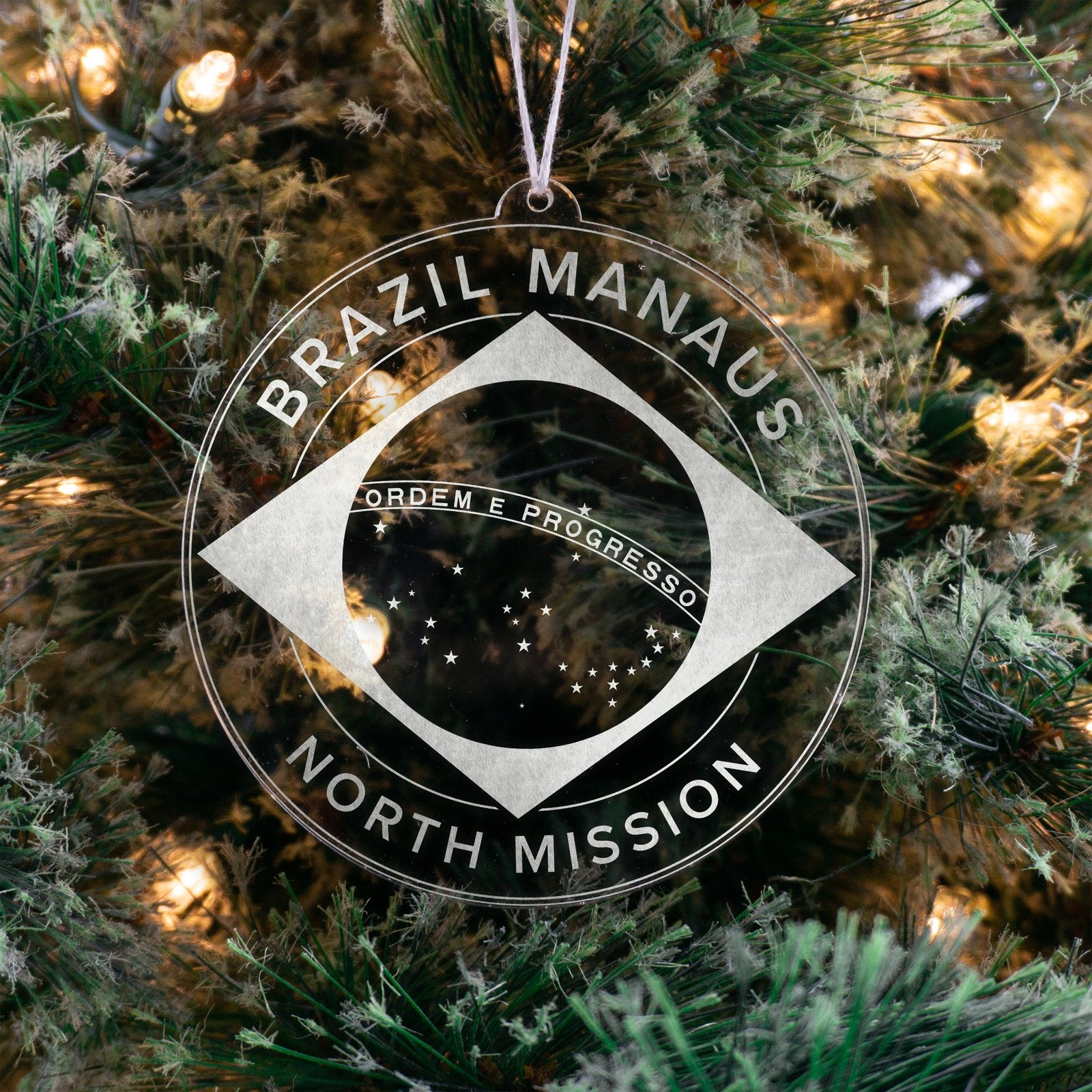 LDS Brazil Manaus North Mission Christmas Ornament hanging on a Tree