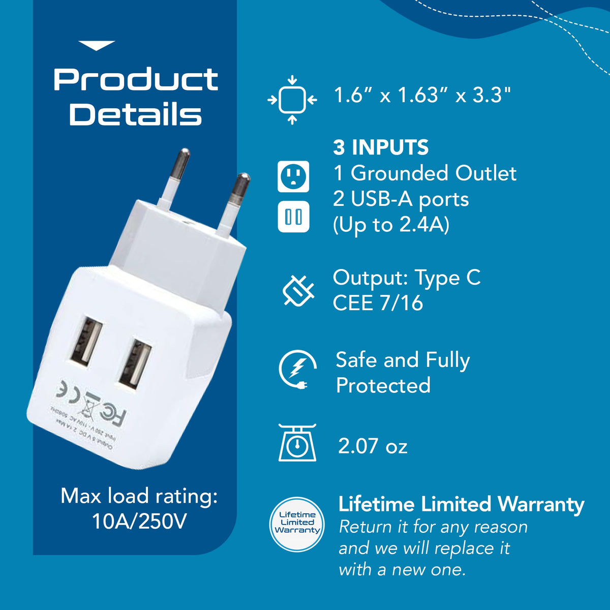 India Travel Adapter Plug Combo - Type C, D | Dual USB - Indian Combo (CTU-9C-10)