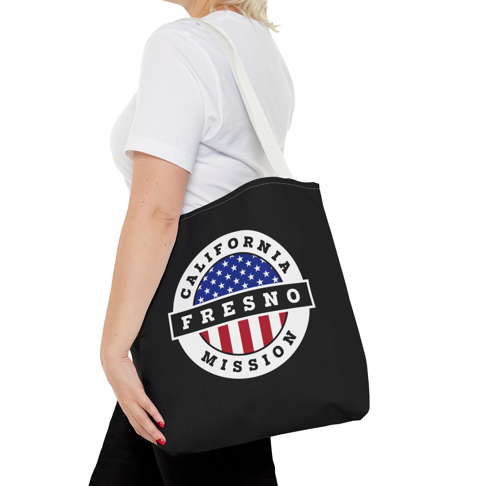 California Fresno Mission USA Flag Logo Tote Bag Black - Latter-Day Saint LDS Missionary Gift - Book of Mormon