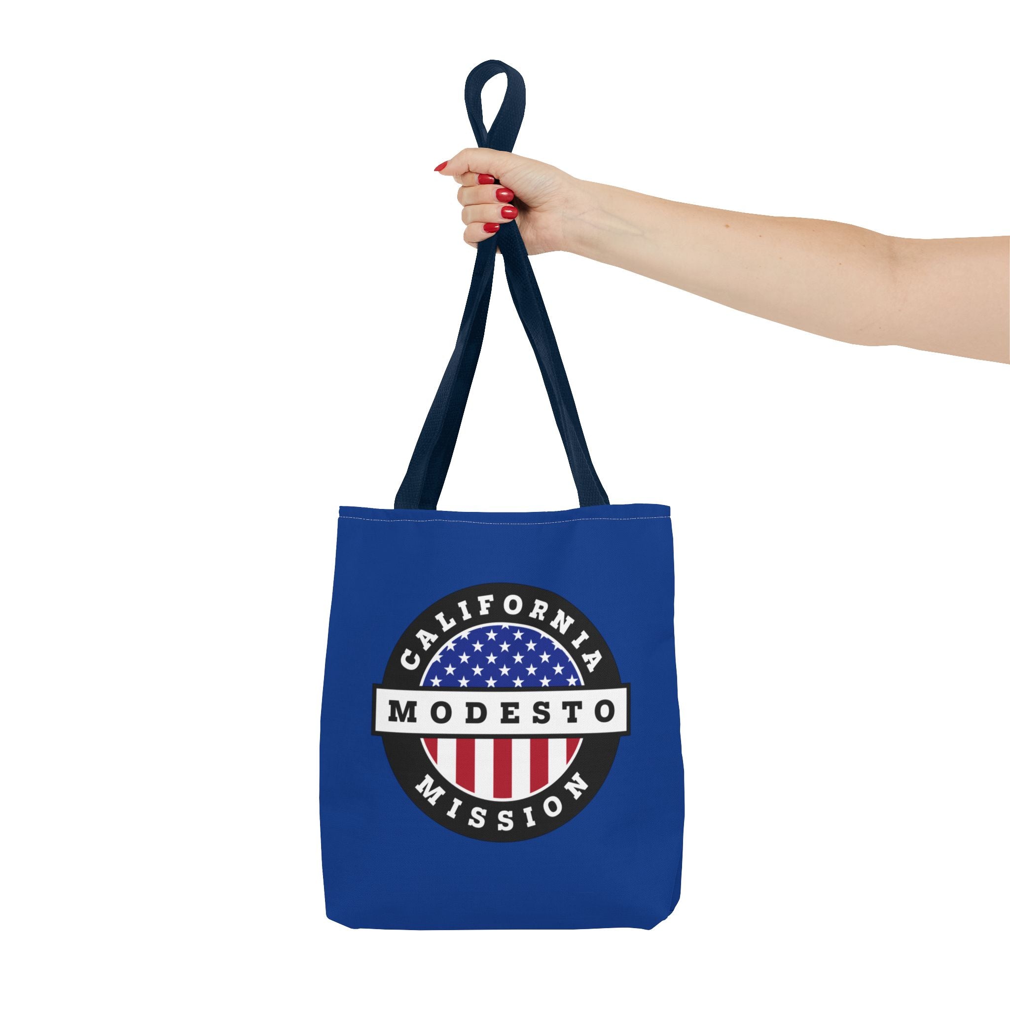 California Modesto Mission USA Flag Logo Tote Bag Blue - Latter-Day Saint LDS Missionary Gift - Book of Mormon