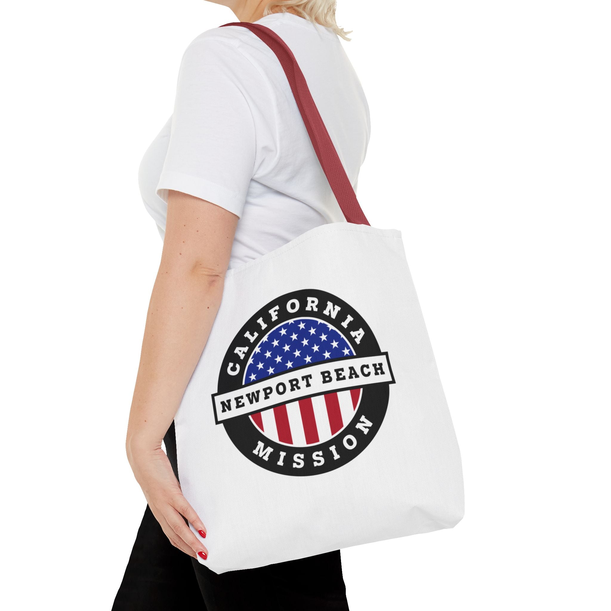 California Newport Beach Mission USA Flag Logo Tote Bag White - Mission Wishlist - LDS Missionary Gift Store