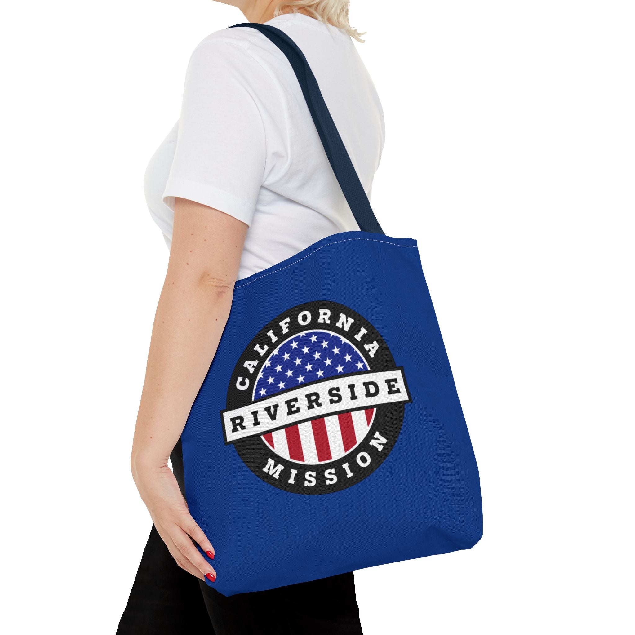 California Riverside Mission USA Flag Logo Tote Bag Blue - Mission Wishlist - LDS Missionary Gift Store