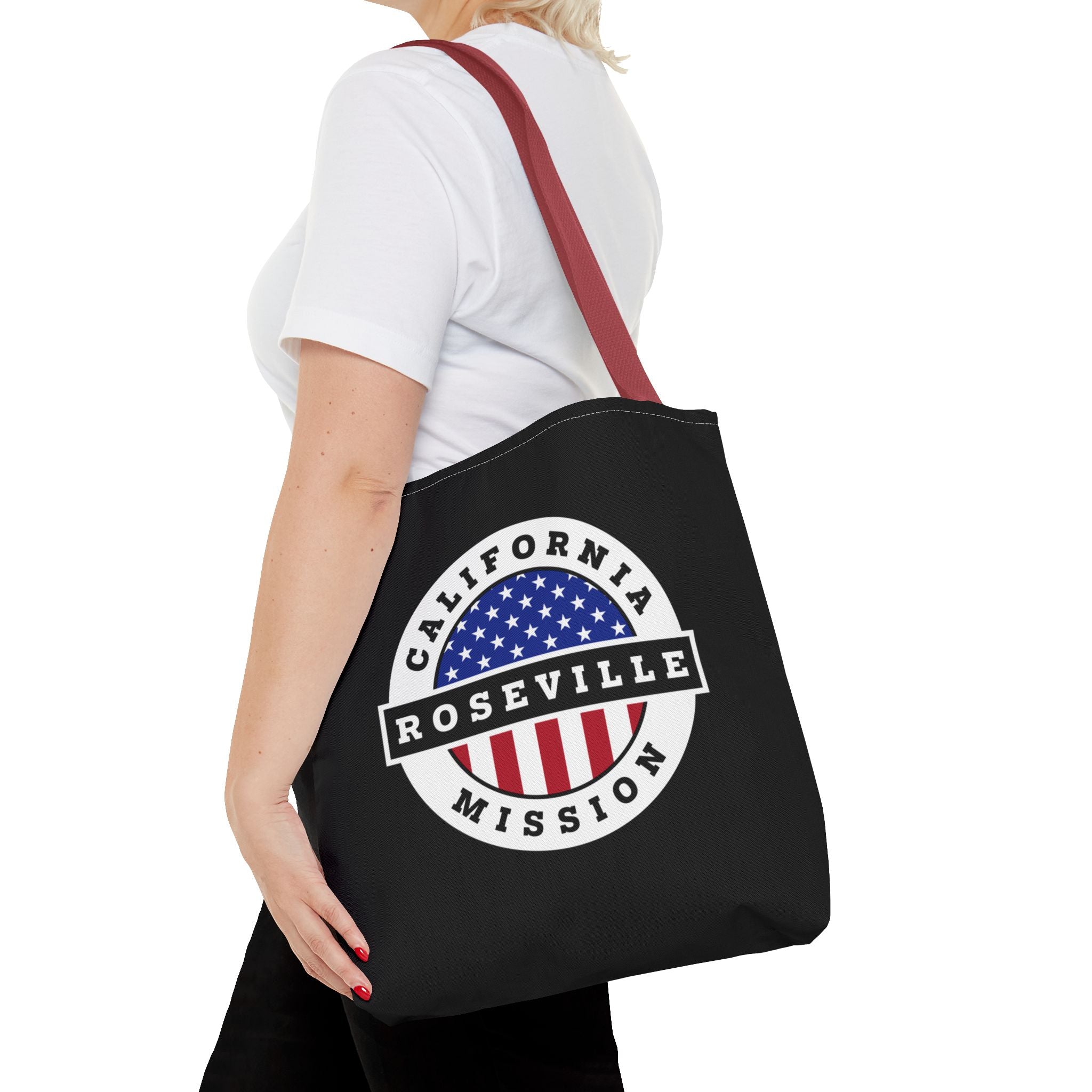 California Roseville Mission USA Flag Logo Tote Bag Black - Latter-Day Saint LDS Missionary Gift - Book of Mormon