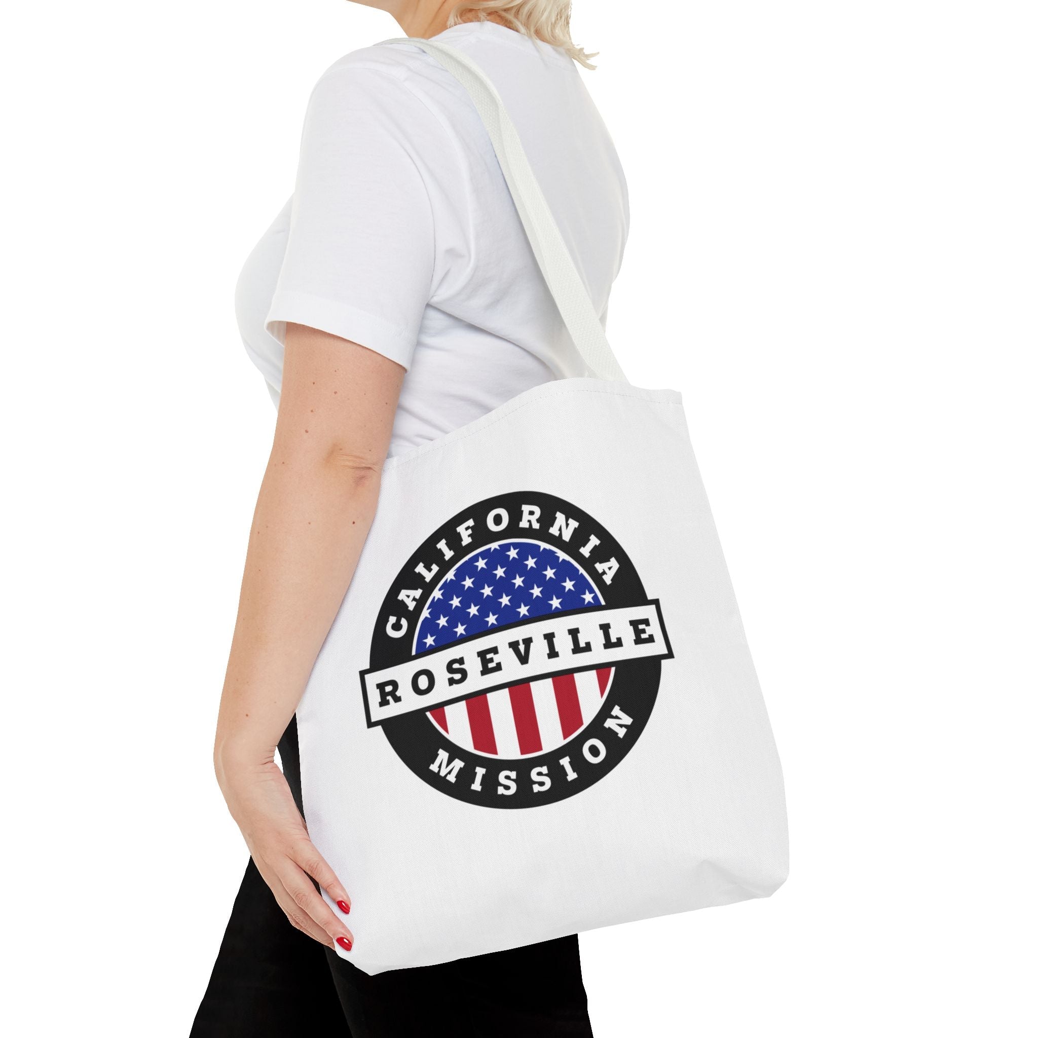 California Roseville Mission USA Flag Logo Tote Bag White - Mission Wishlist - LDS Missionary Gift Store