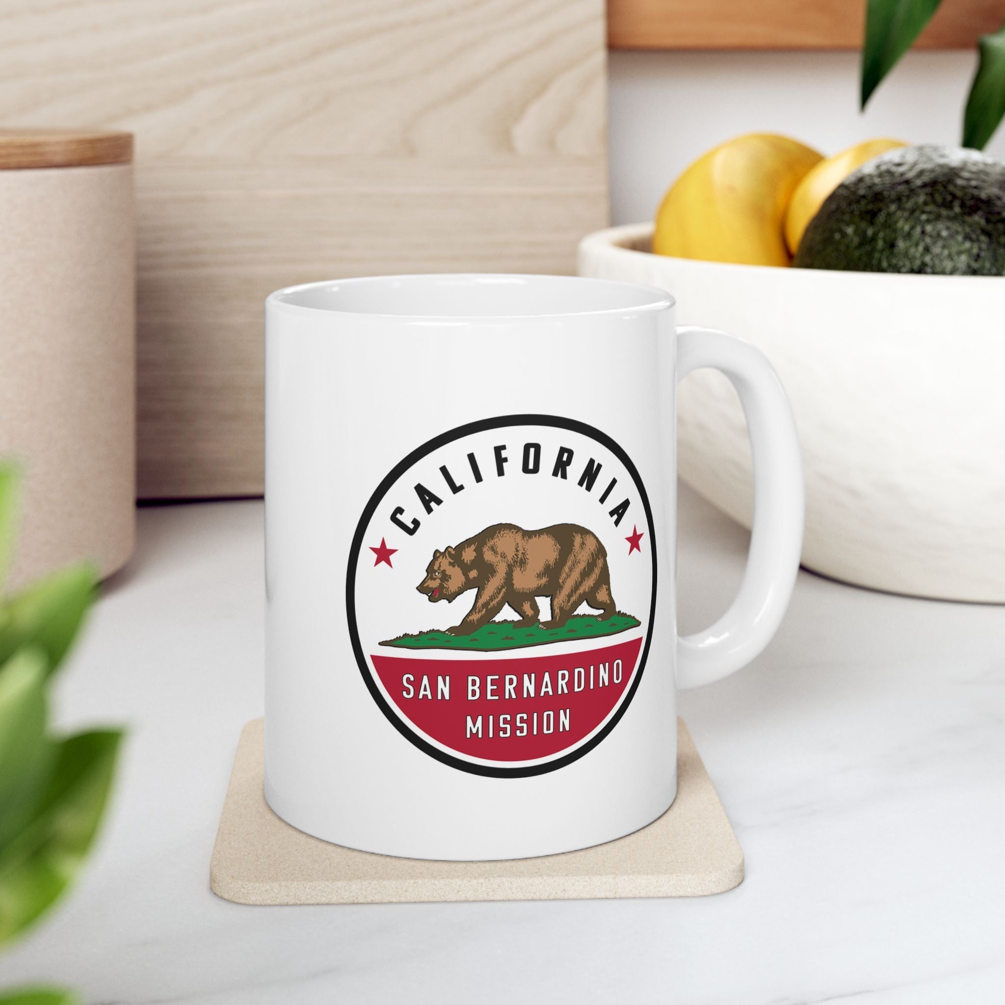 California San Bernardino Mission State Flag Logo Ceramic Mug White Name - Mission Wishlist - LDS Missionary Gift Store