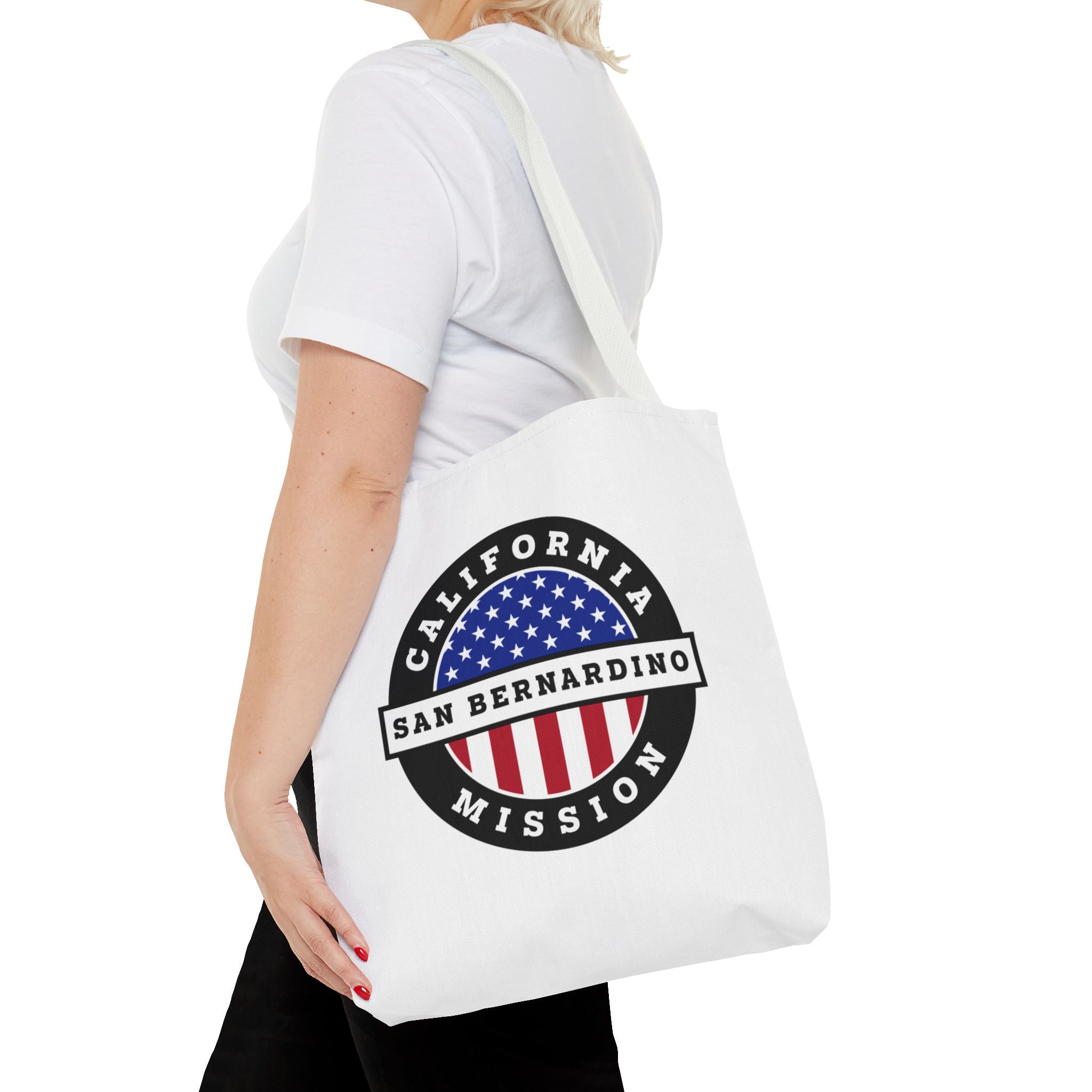 California San Bernardino Mission USA Flag Logo Tote Bag White - Mission Wishlist - LDS Missionary Gift Store