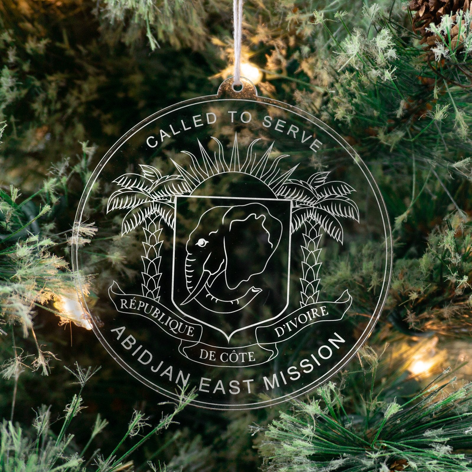 LDS Cote d'Ivoire Abidjan East Mission Christmas Ornament hanging on a Tree