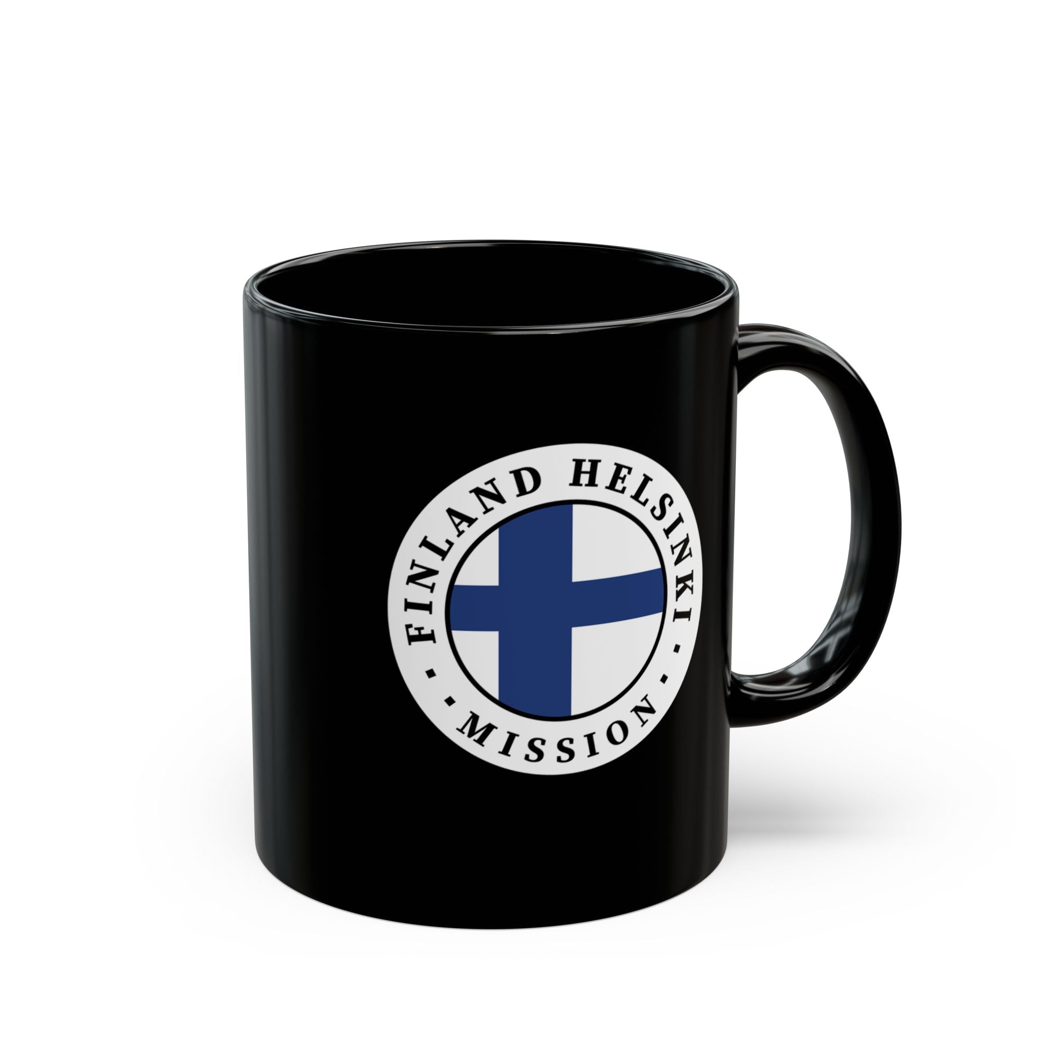 Finland Helsinki Mission Circular Flag Black Ceramic Mug - Latter-Day Saint LDS Missionary Gift - Book of Mormon
