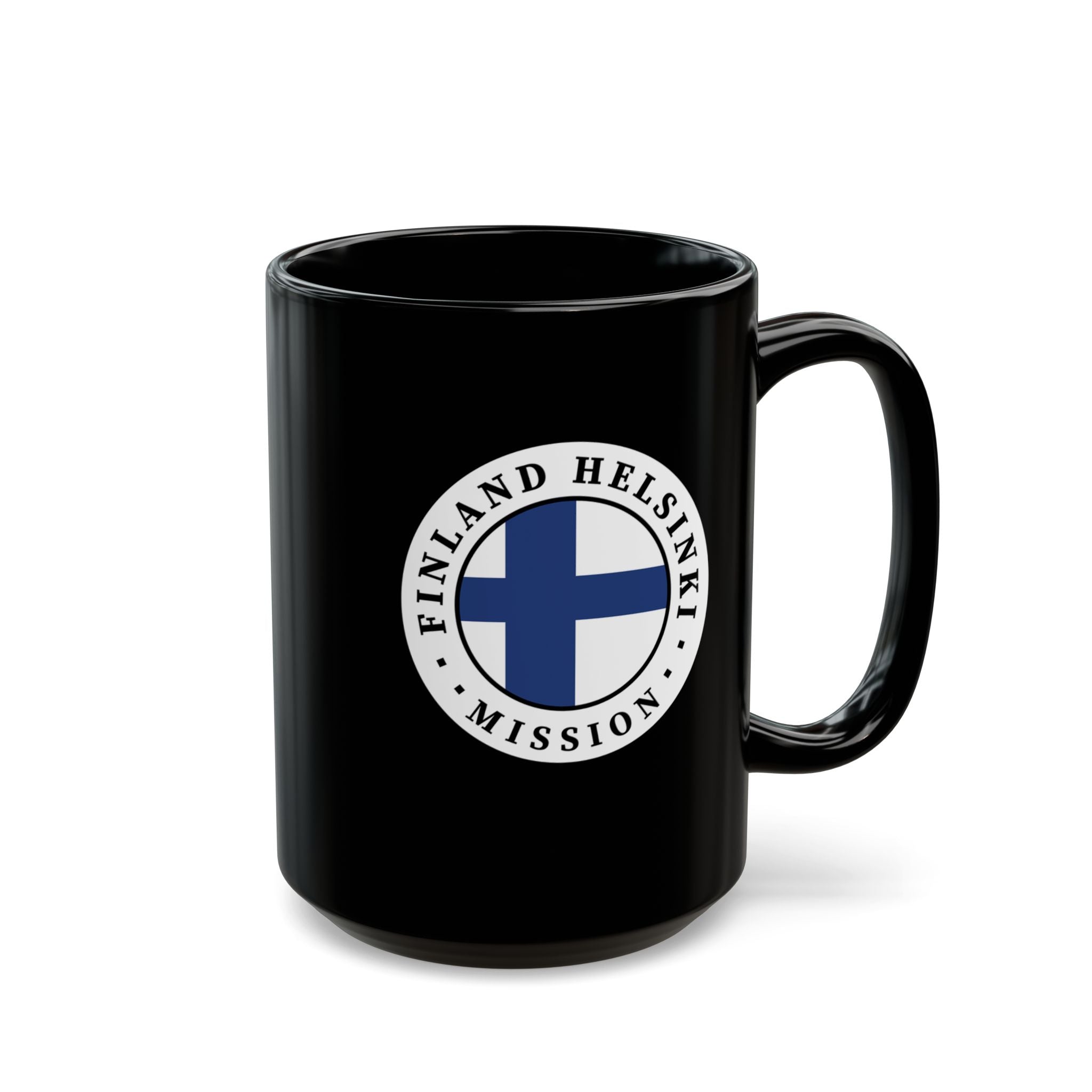 Finland Helsinki Mission Circular Flag Black Ceramic Mug - Latter-Day Saint LDS Missionary Gift - Book of Mormon