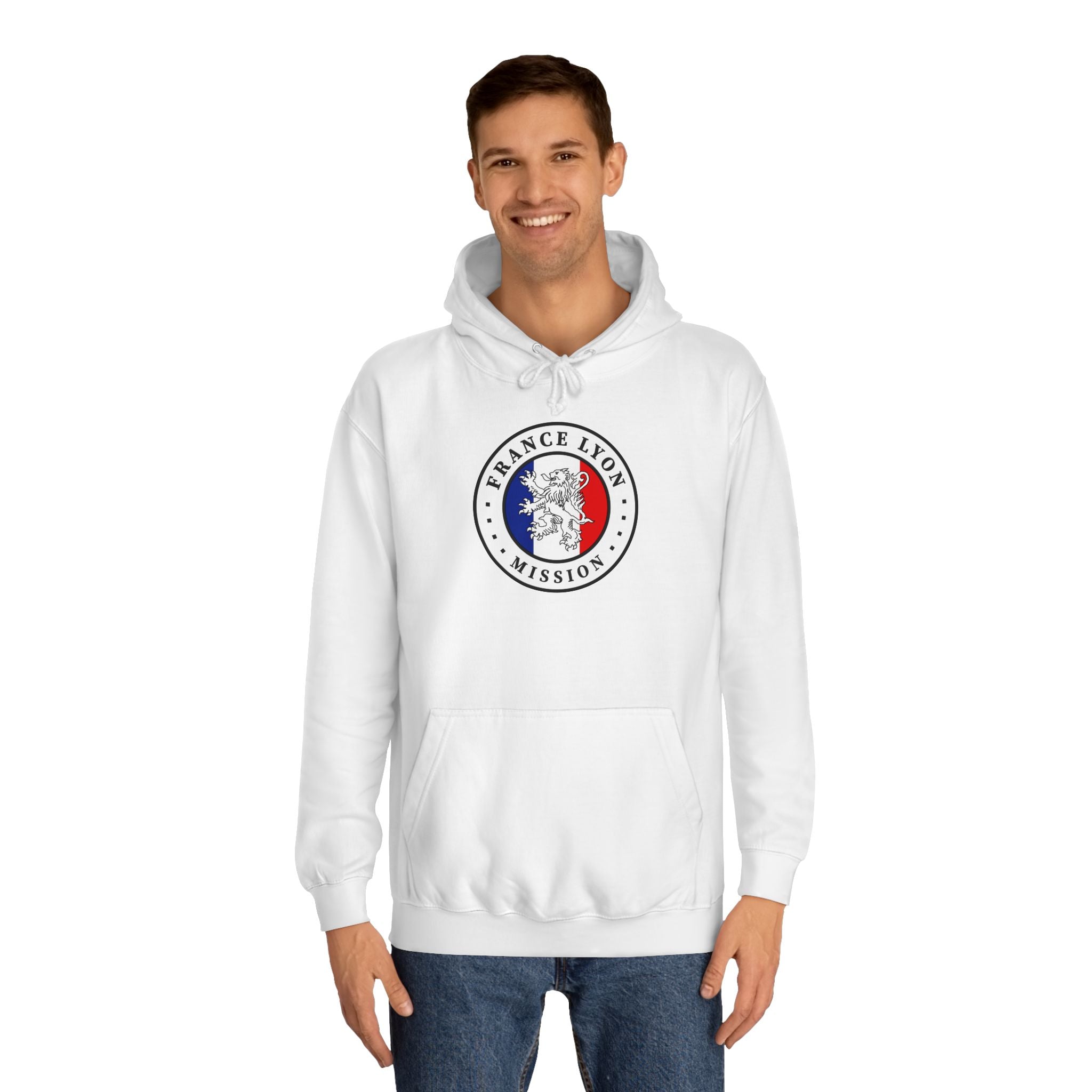 France Lyon Mission Flag Logo (White Border) College Hoodie - Latter-Day Saint LDS Missionary Gift - Book of Mormon