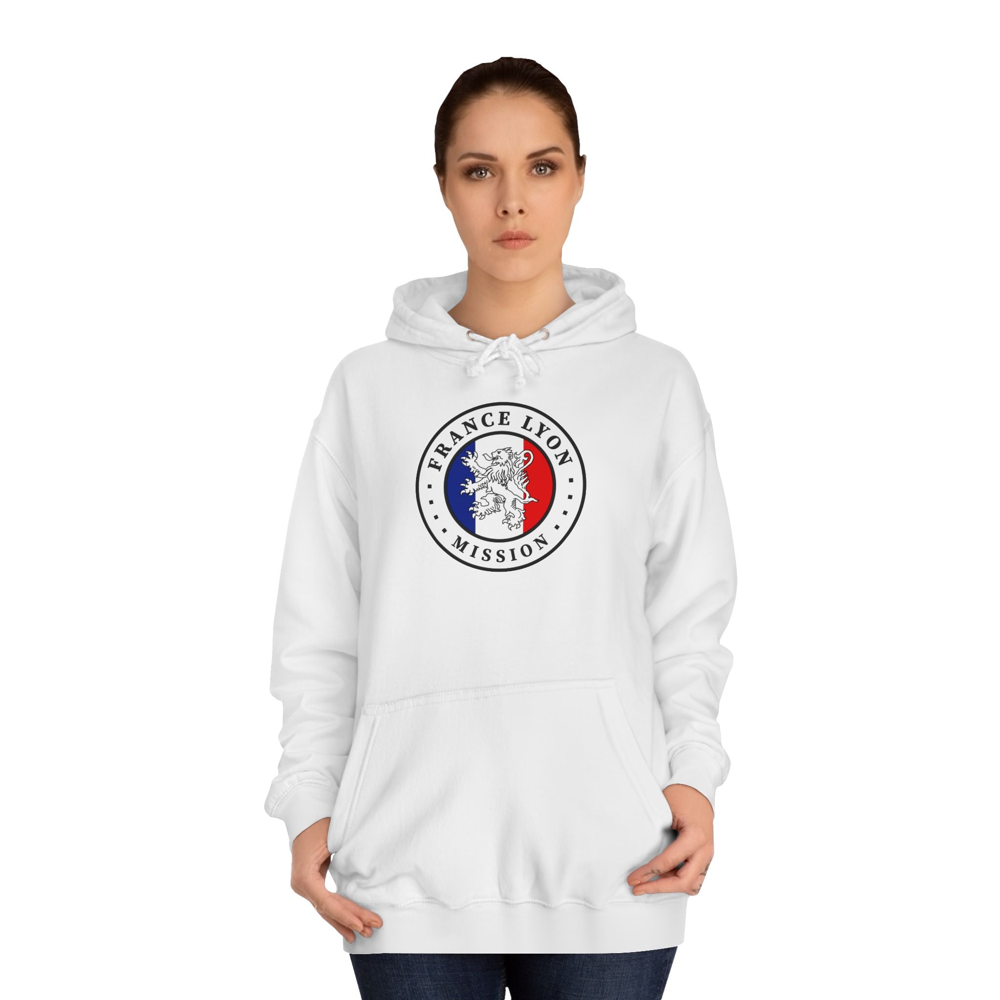 France Lyon Mission Flag Logo (White Border) College Hoodie - Latter-Day Saint LDS Missionary Gift - Book of Mormon