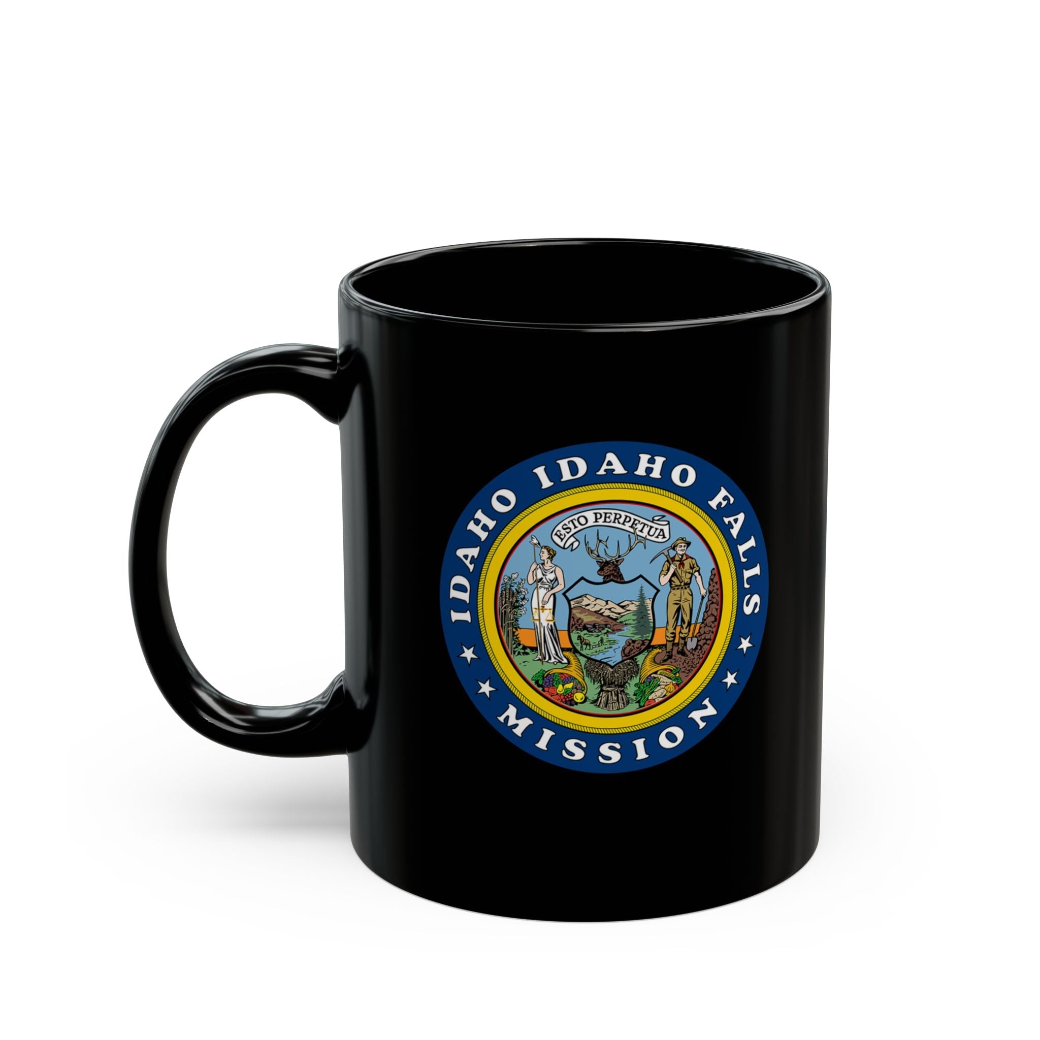 Idaho Idaho Falls Mission State Flag Logo Ceramic Mug Black Name - Latter-Day Saint LDS Missionary Gift - Book of Mormon