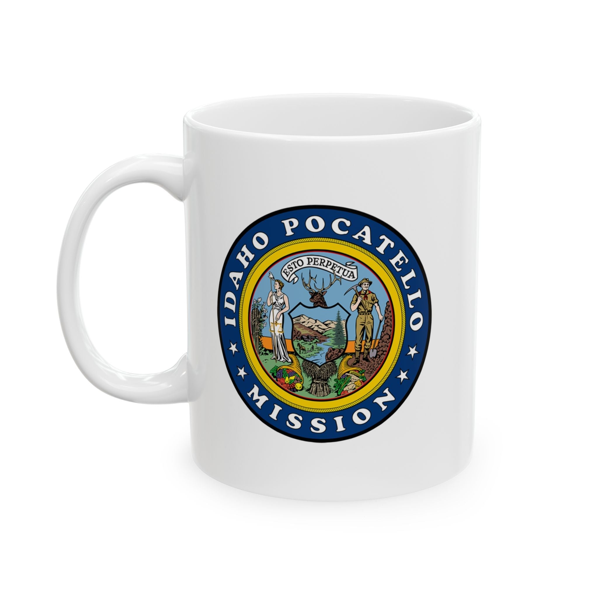 Idaho Pocatello Mission State Flag Logo Ceramic Mug White Name - Latter-Day Saint LDS Missionary Gift - Book of Mormon