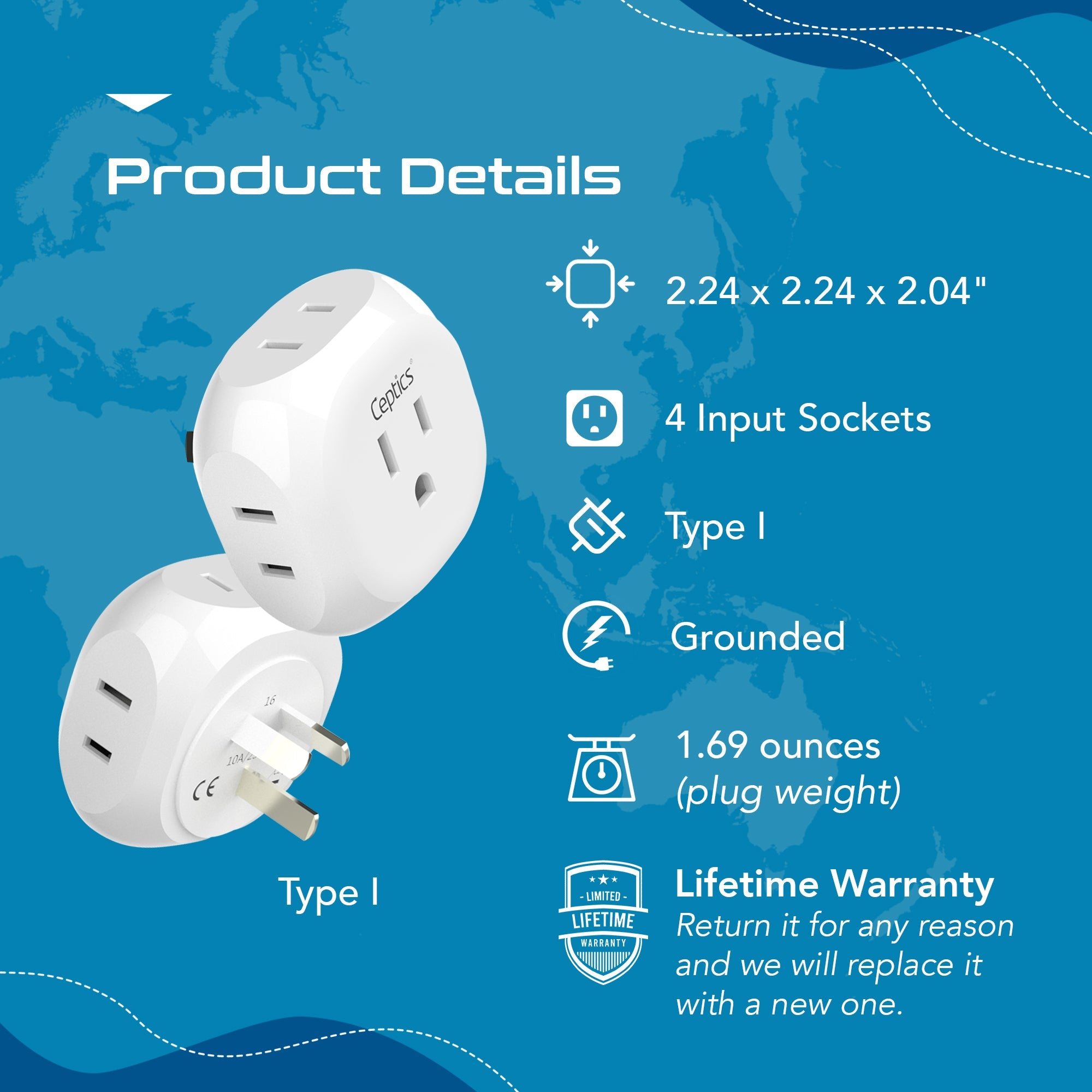 Australia, New Zealand, China Travel Plug Adapter - 4 in 1 - Ultra Compact - Light Weight (PT-16)
