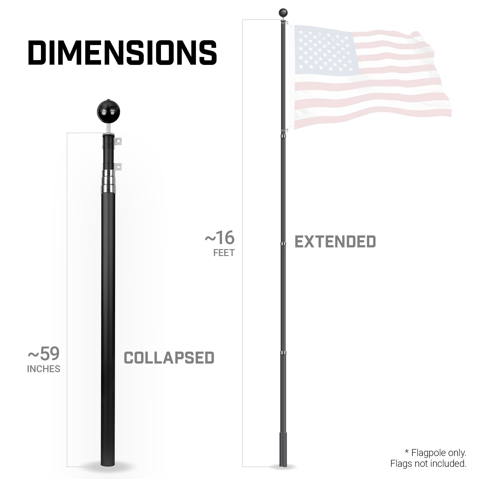 G128 16Ft Telescoping Aluminum Black Flagpole | In Ground Heavy Duty Telescopic Flag Pole for Commercial/Residential Use | Flag NOT Included
