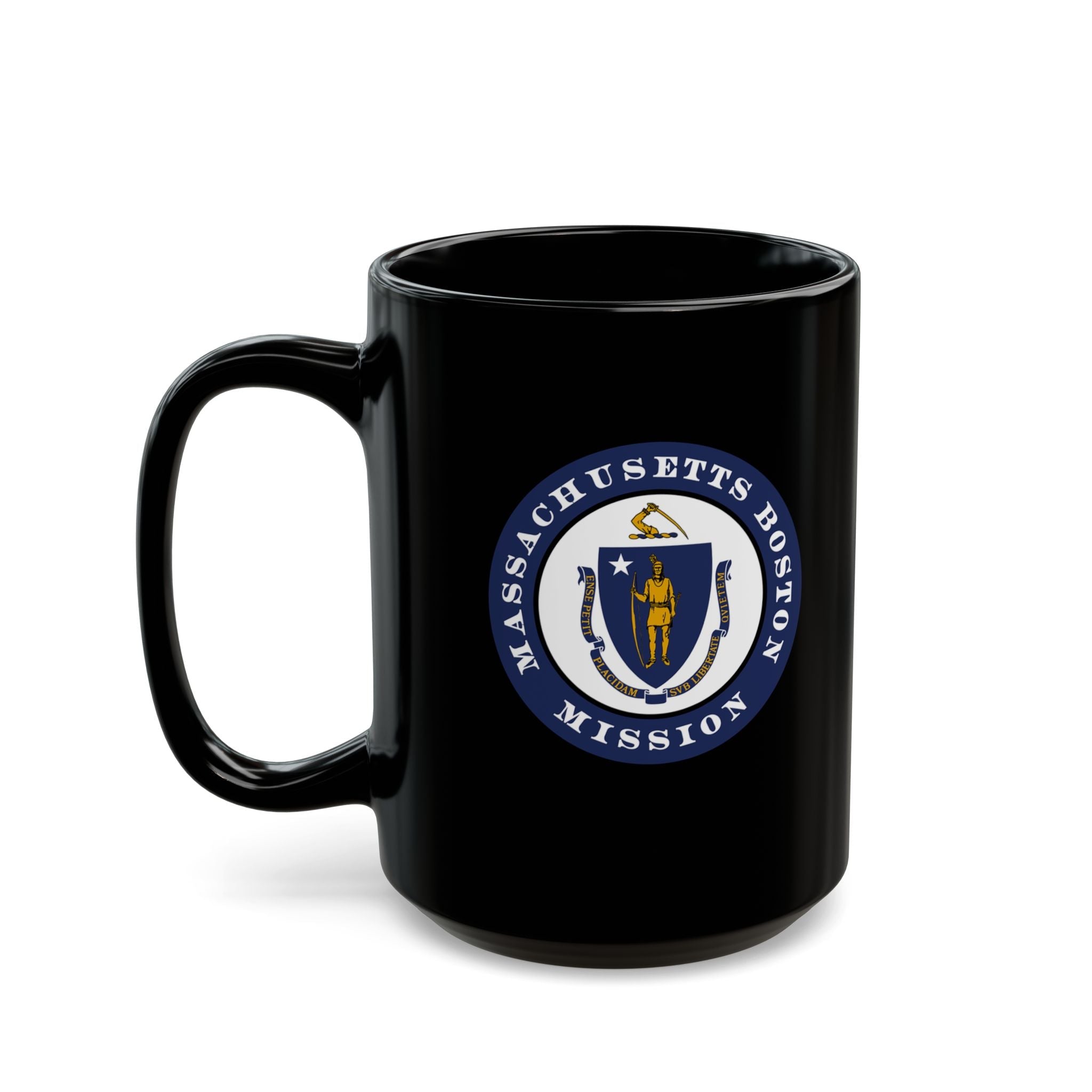 Massachusetts Boston Mission State Flag Logo Ceramic Mug Black Name - Latter-Day Saint LDS Missionary Gift - Book of Mormon