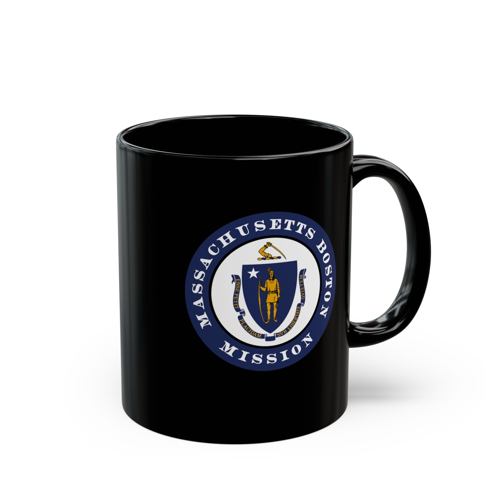 Massachusetts Boston Mission State Flag Logo Ceramic Mug Black Name - Latter-Day Saint LDS Missionary Gift - Book of Mormon