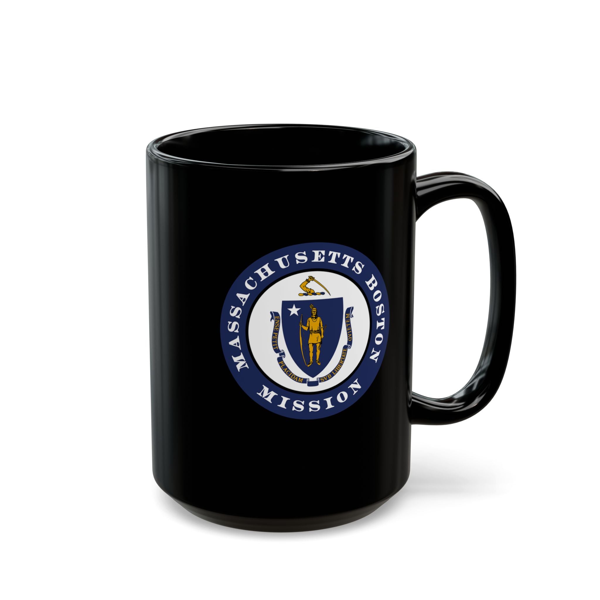 Massachusetts Boston Mission State Flag Logo Ceramic Mug Black Name - Latter-Day Saint LDS Missionary Gift - Book of Mormon