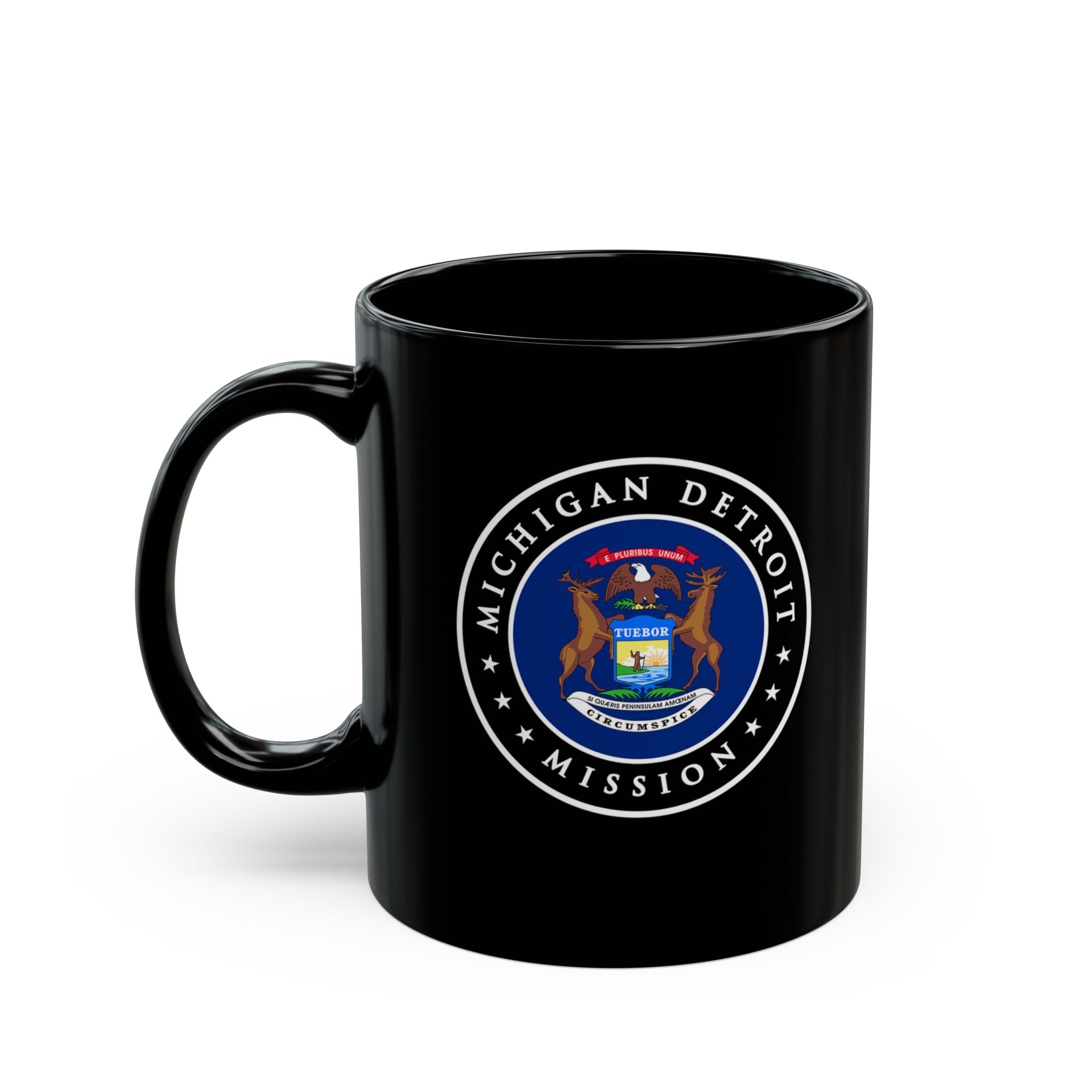 Michigan Detroit Mission State Flag Logo Ceramic Mug Black Name - Latter-Day Saint LDS Missionary Gift - Book of Mormon
