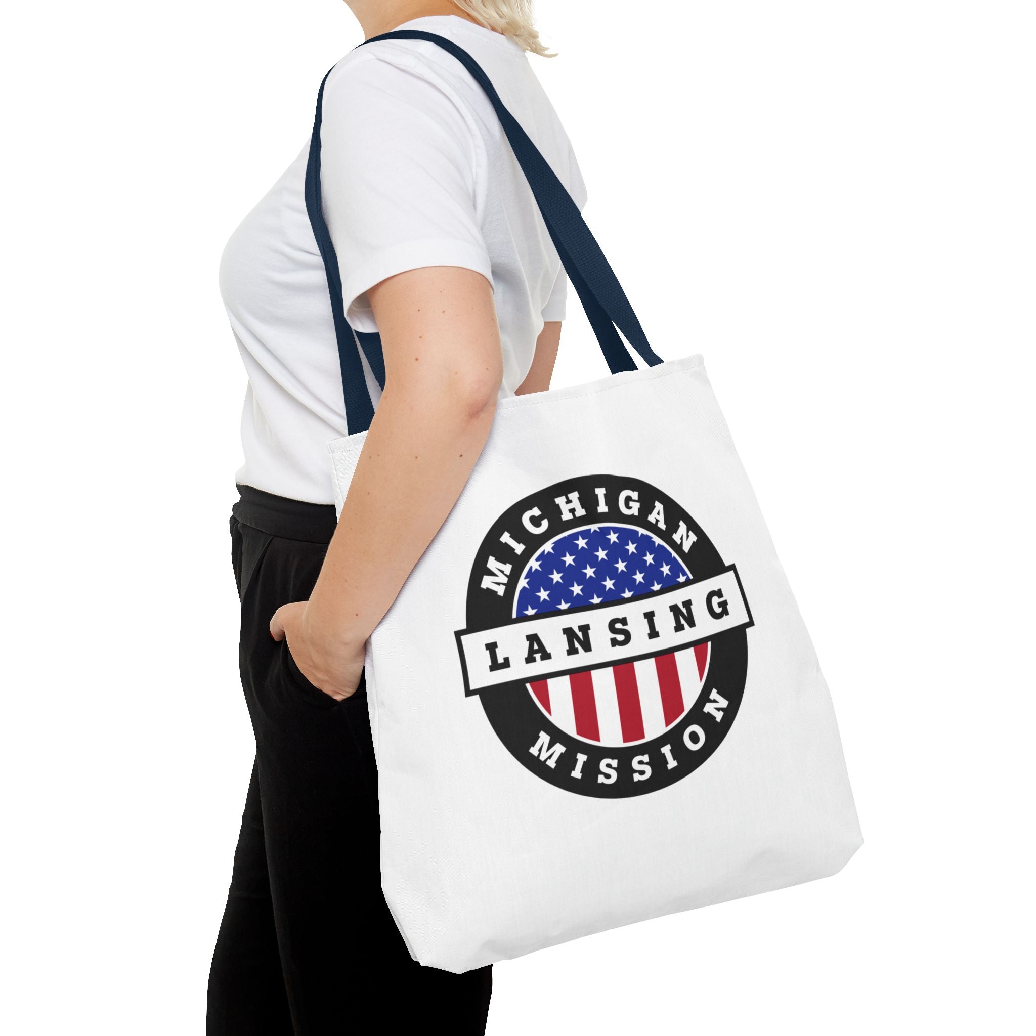 Michigan Lansing Mission USA Flag Logo Tote Bag White - Mission Wishlist - LDS Missionary Gift Store