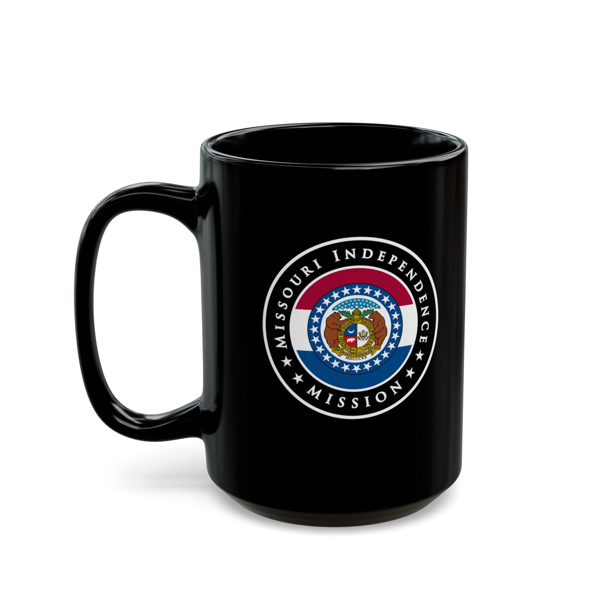 Missouri Independence Mission State Flag Logo Ceramic Mug Black Name - Latter-Day Saint LDS Missionary Gift - Book of Mormon