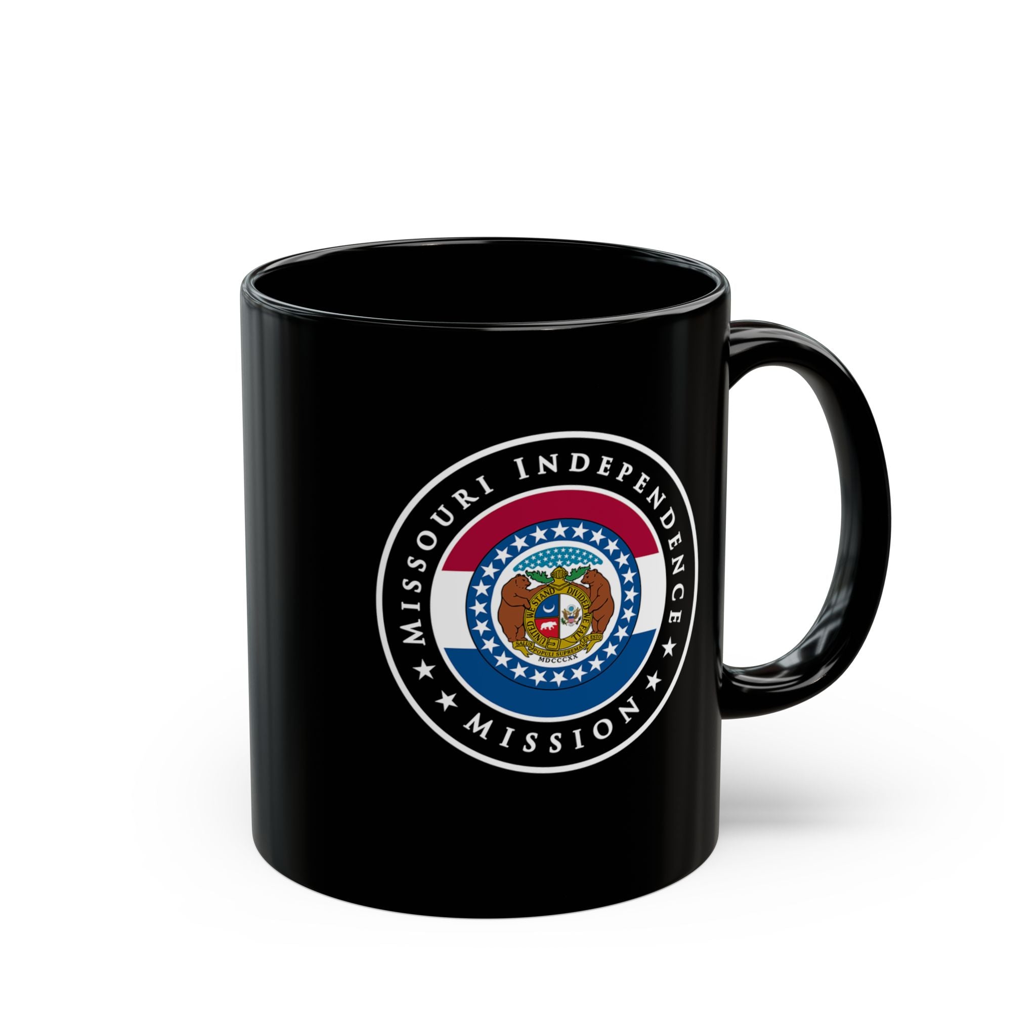 Missouri Independence Mission State Flag Logo Ceramic Mug Black Name - Latter-Day Saint LDS Missionary Gift - Book of Mormon