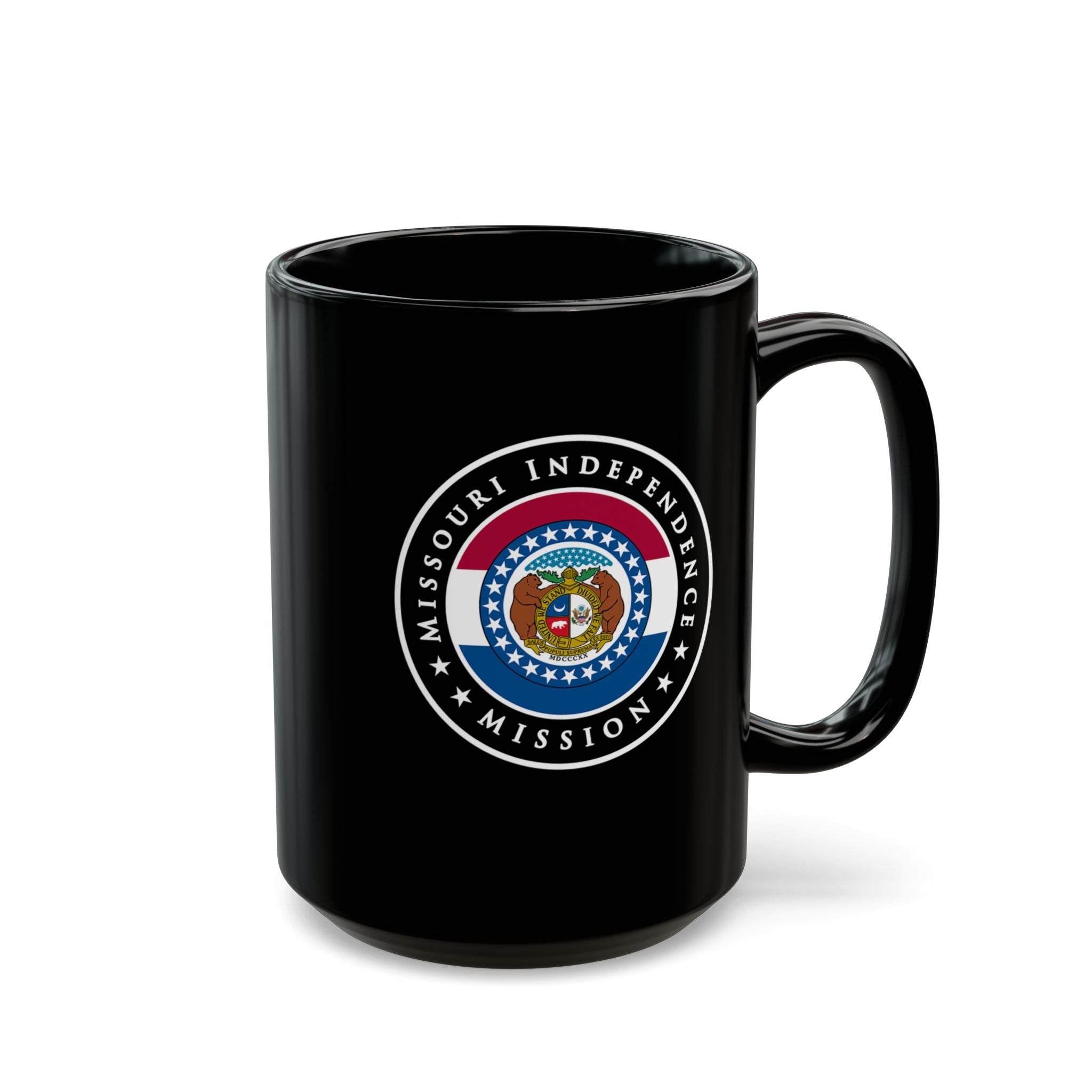 Missouri Independence Mission State Flag Logo Ceramic Mug Black Name - Latter-Day Saint LDS Missionary Gift - Book of Mormon