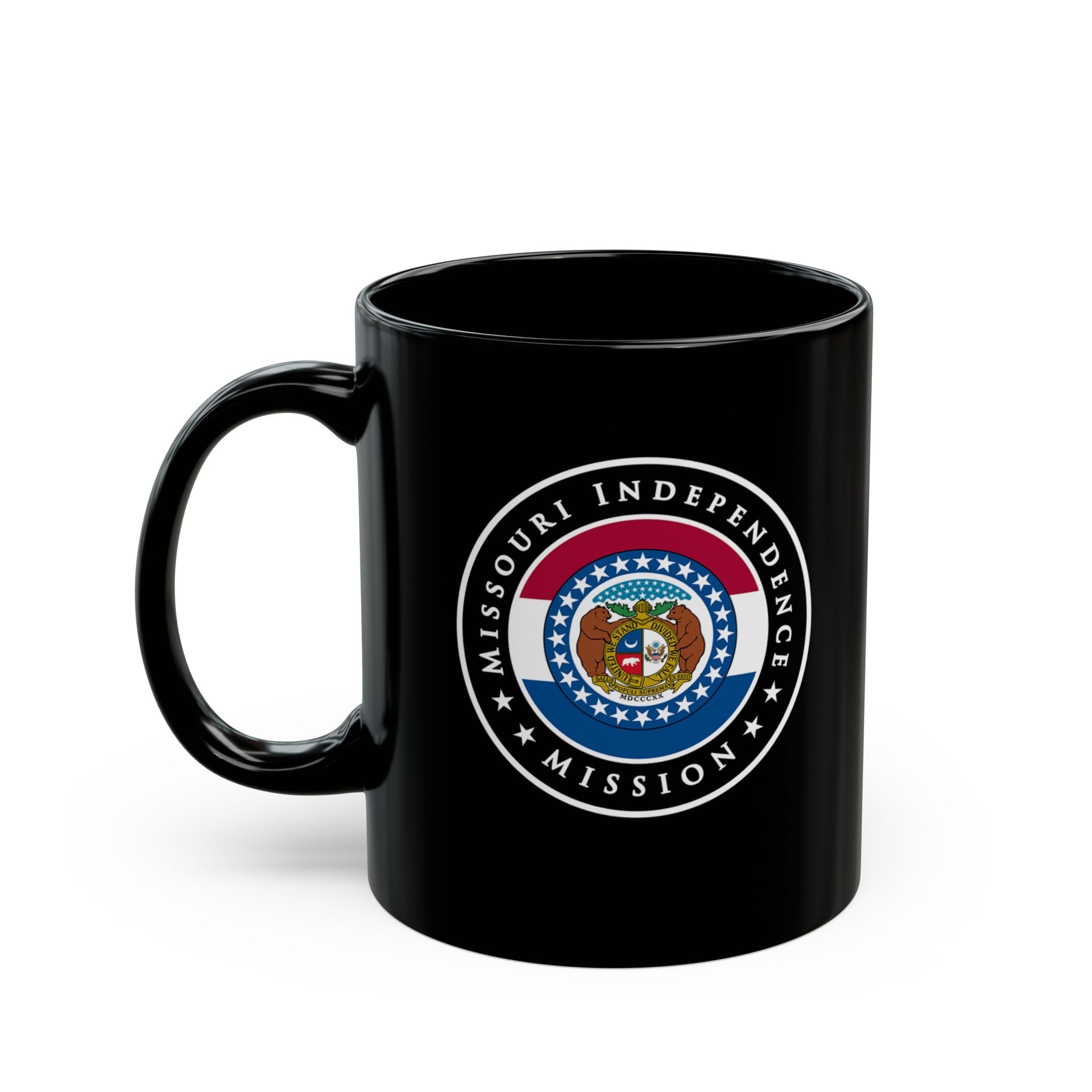 Missouri Independence Mission State Flag Logo Ceramic Mug Black Name - Latter-Day Saint LDS Missionary Gift - Book of Mormon