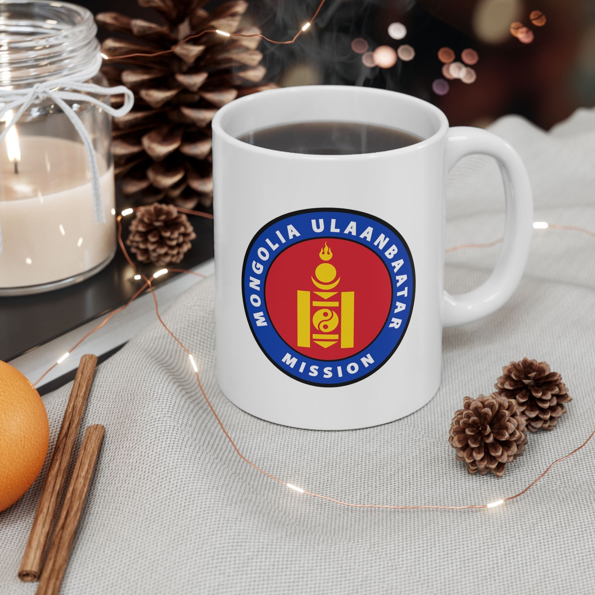 Mongolia Ulaanbaatar Mission Circular Flag White Ceramic Mug - Latter-Day Saint LDS Missionary Gift - Book of Mormon
