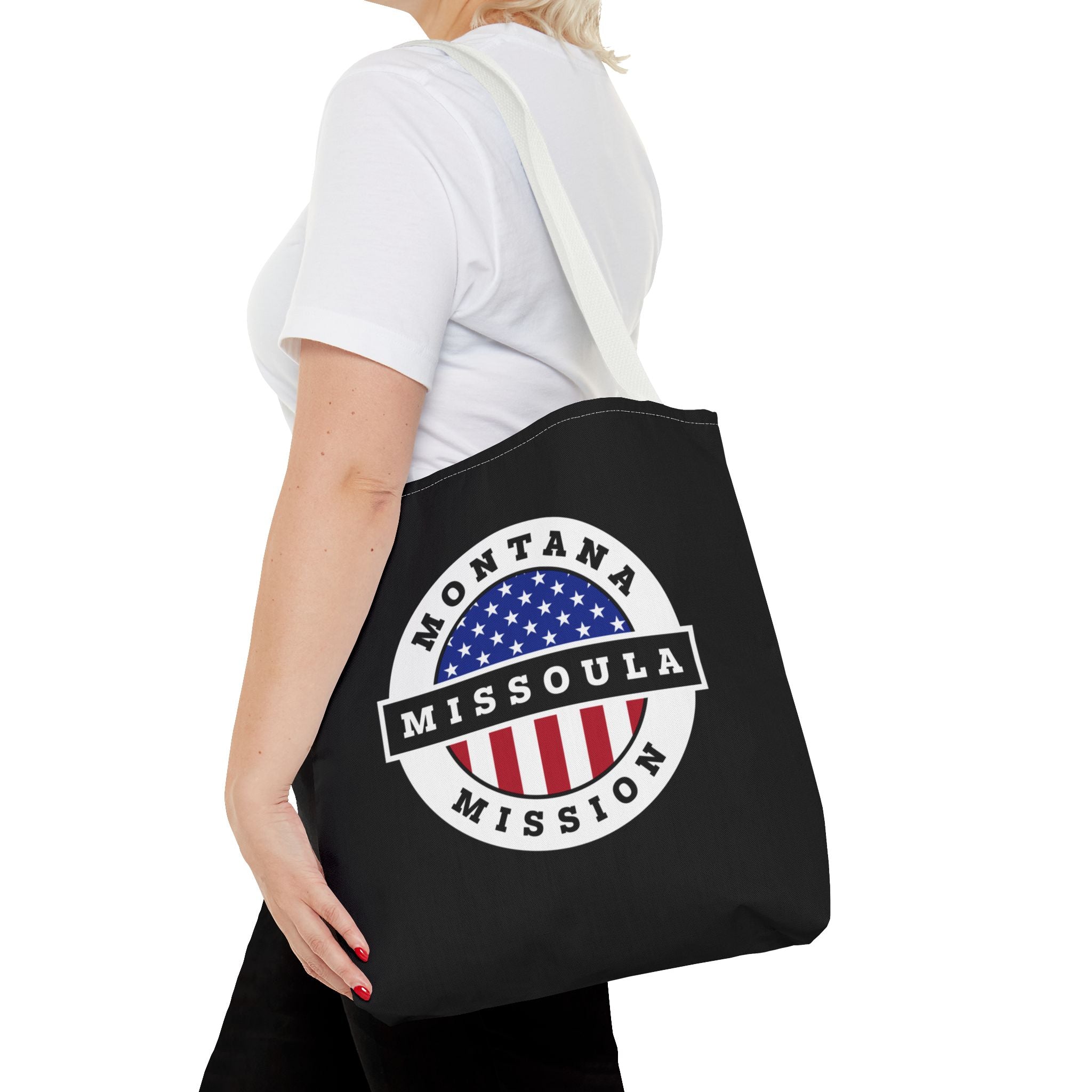 Montana Missoula Mission USA Flag Logo Tote Bag Black - Mission Wishlist - LDS Missionary Gift Store