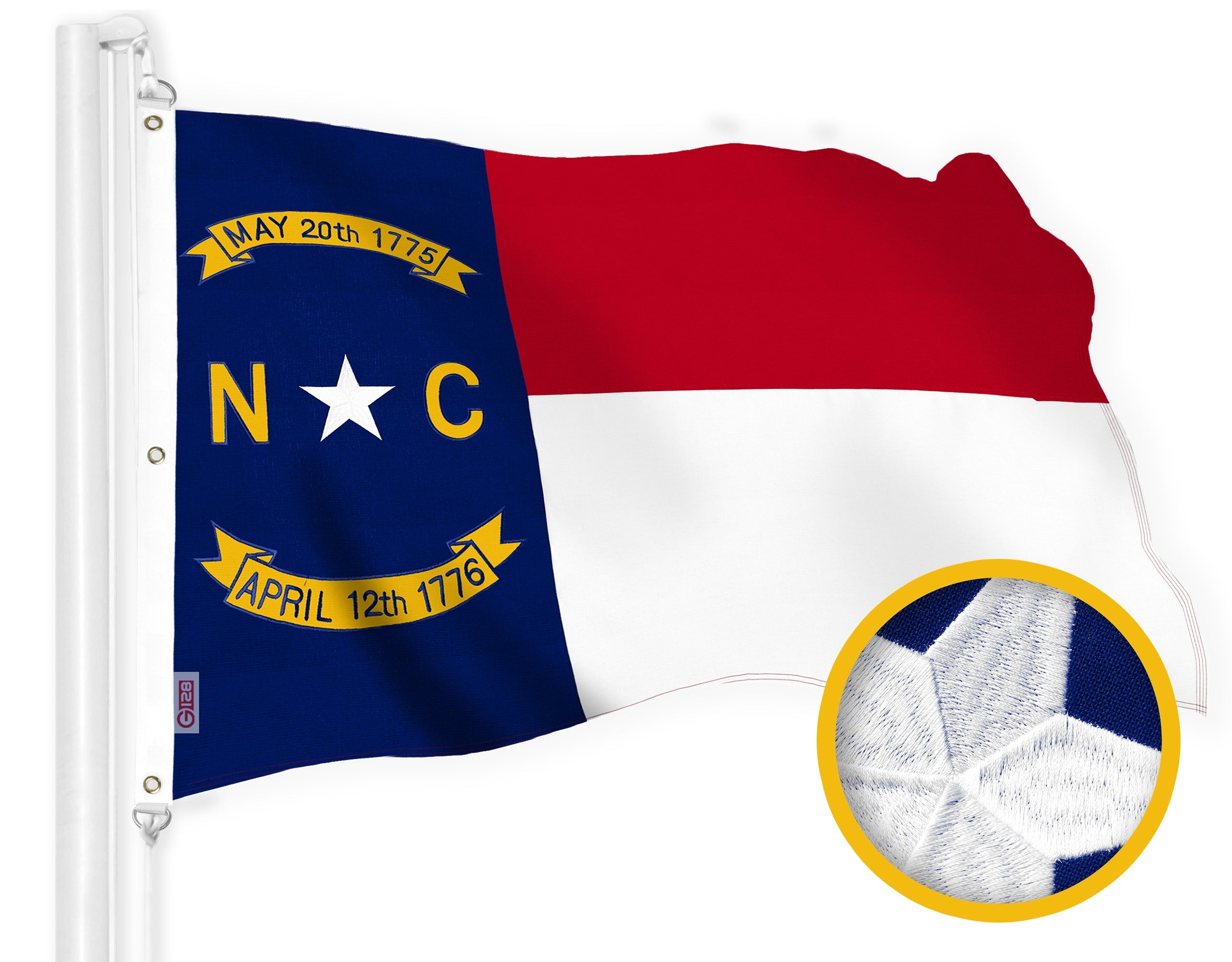 G128 North Carolina State Flag | 6x10 Ft | StormFlyer Series Embroidered 220GSM Spun Polyester | Embroidered Design, Indoor/Outdoor, Brass Grommets, Heavy Duty, All Weather