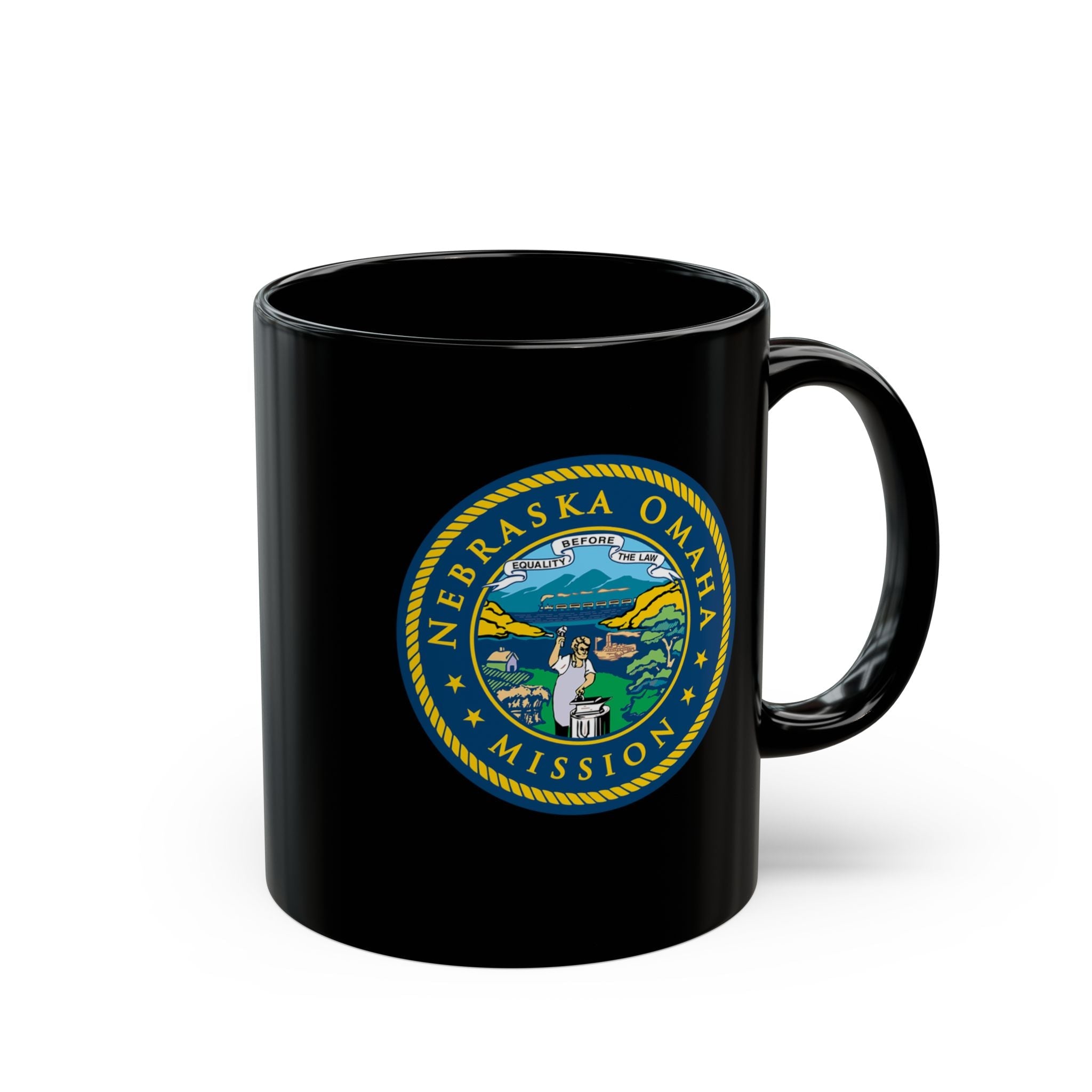 Nebraska Omaha Mission State Flag Logo Ceramic Mug Black Name - Mission Wishlist - LDS Missionary Gift Store