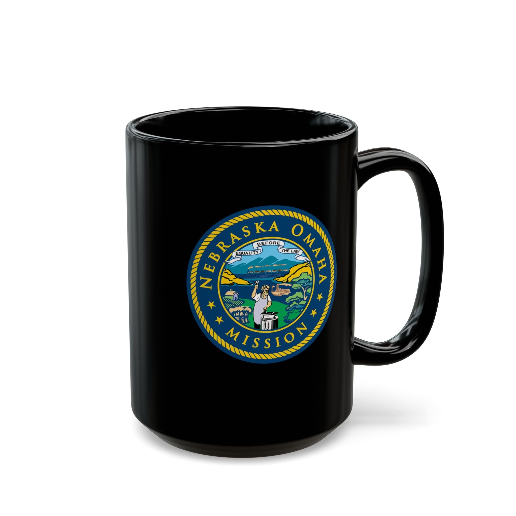 Nebraska Omaha Mission State Flag Logo Ceramic Mug Black Name - Mission Wishlist - LDS Missionary Gift Store