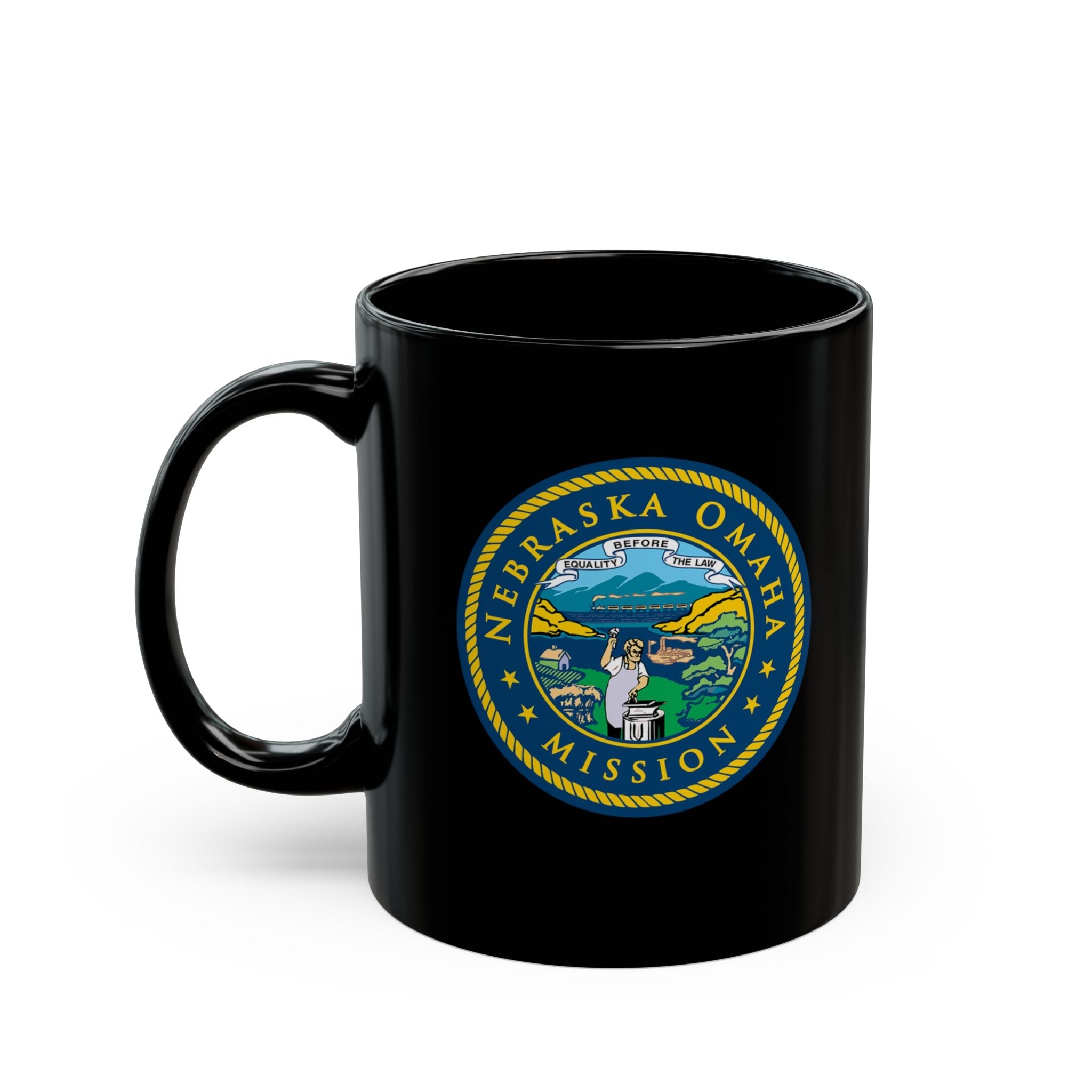 Nebraska Omaha Mission State Flag Logo Ceramic Mug Black Name - Mission Wishlist - LDS Missionary Gift Store