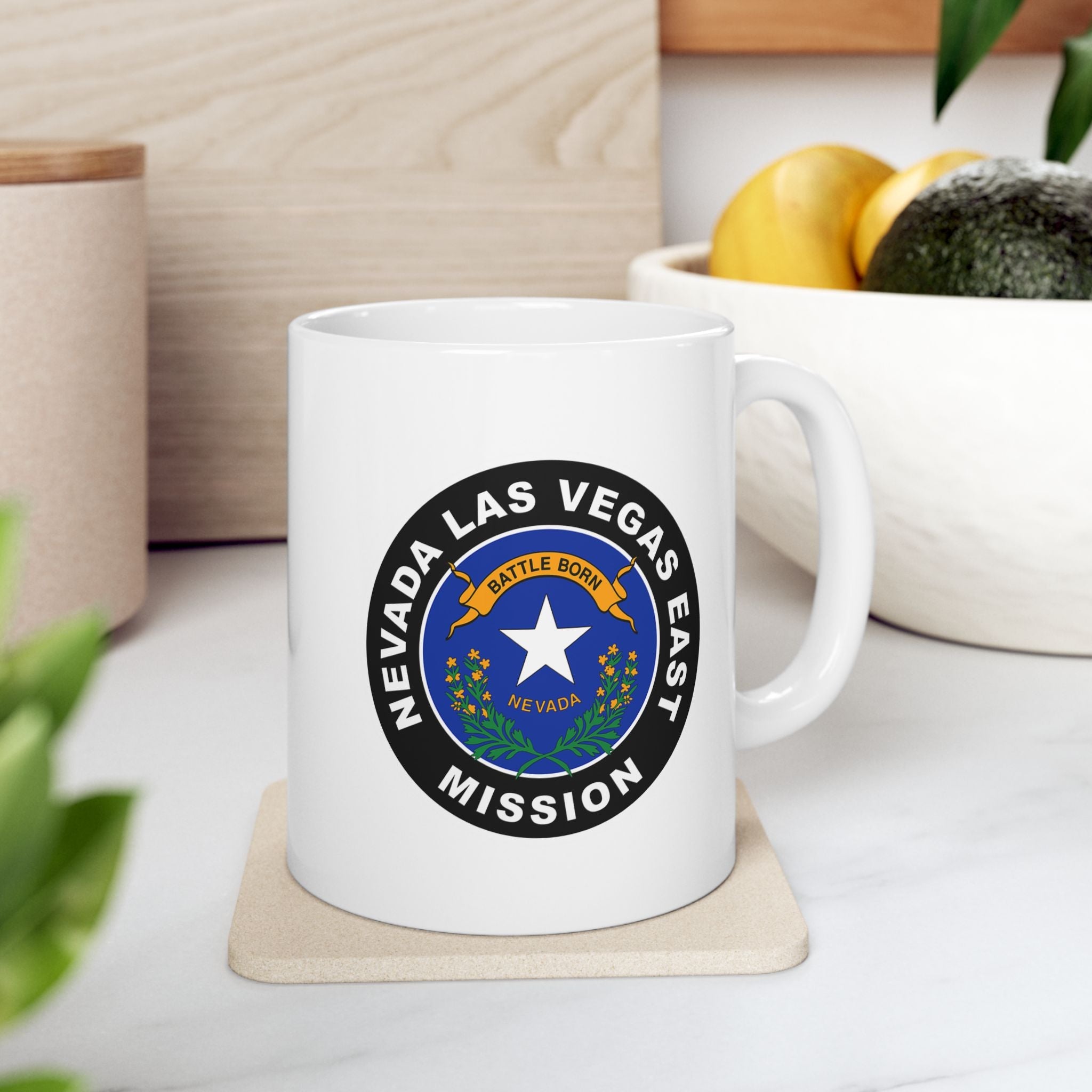 Nevada Las Vegas East Mission State Flag Logo Ceramic Mug White Name - Mission Wishlist - LDS Missionary Gift Store