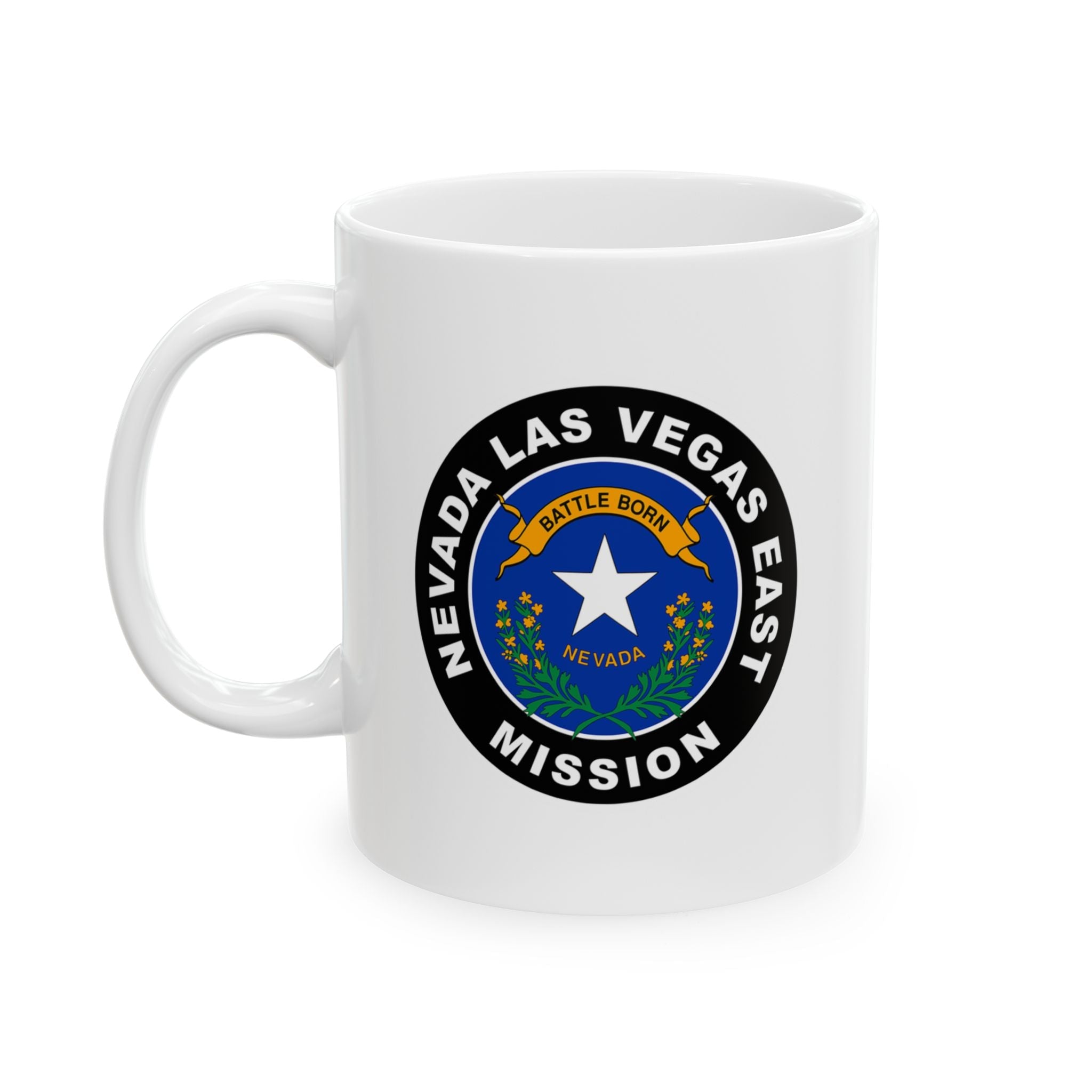 Nevada Las Vegas East Mission State Flag Logo Ceramic Mug White Name - Mission Wishlist - LDS Missionary Gift Store