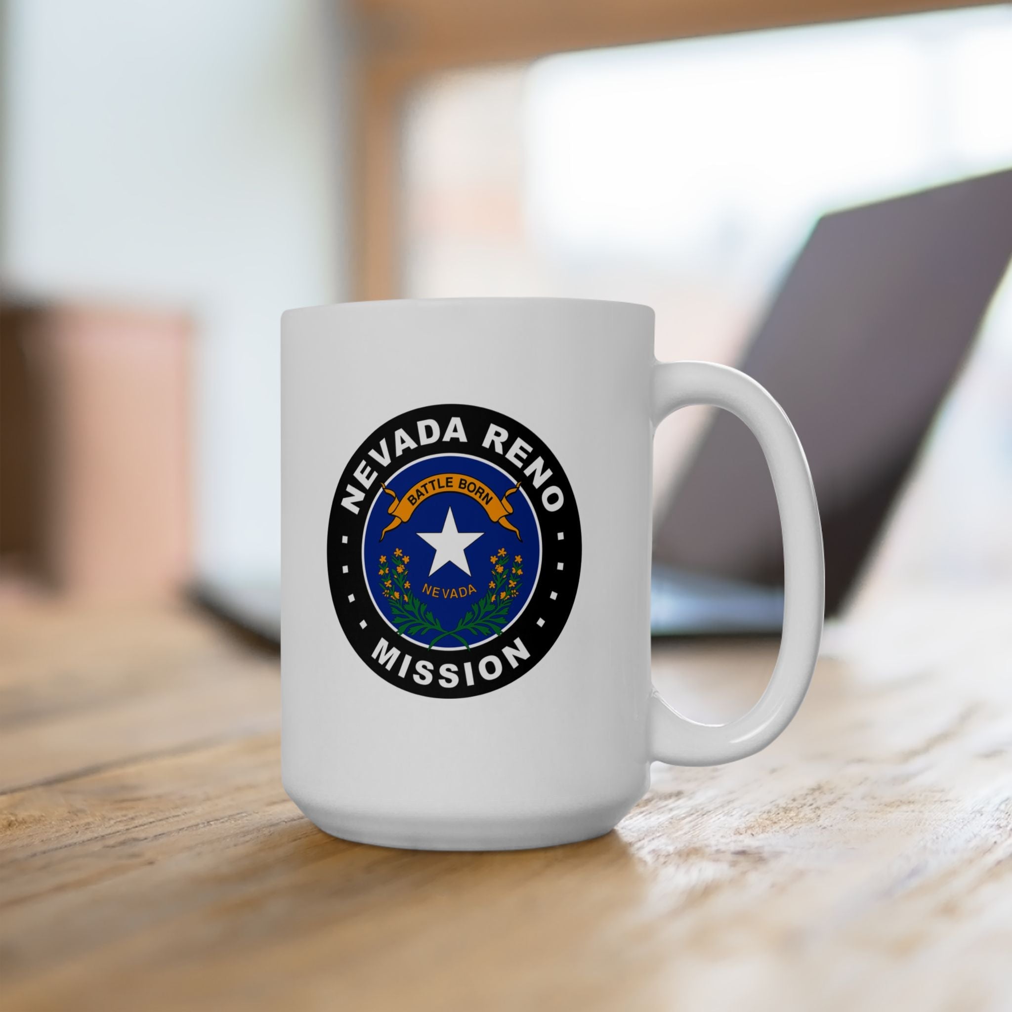 Nevada Reno Mission State Flag Logo Ceramic Mug White Name - Latter-Day Saint LDS Missionary Gift - Book of Mormon