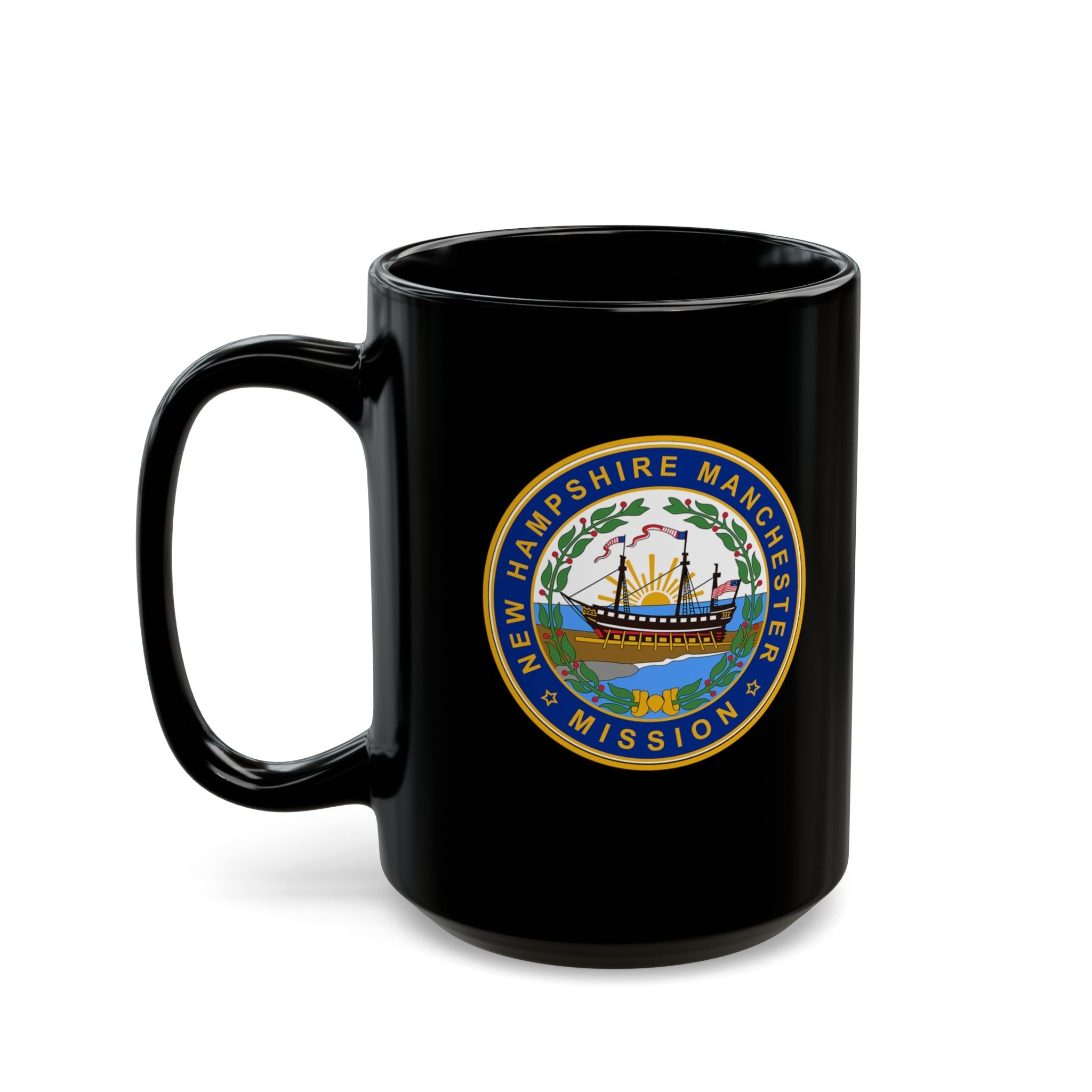 New Hampshire Manchester Mission State Flag Logo Ceramic Mug Black Name - Latter-Day Saint LDS Missionary Gift - Book of Mormon