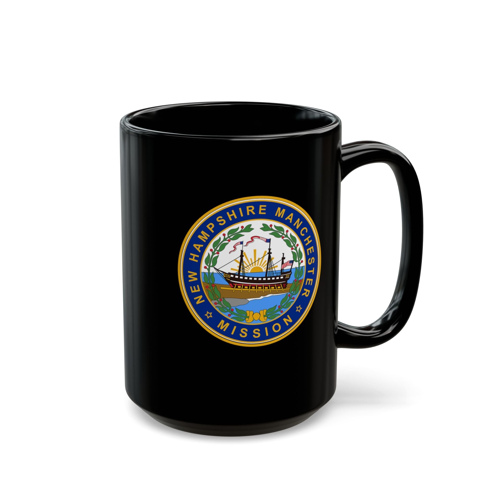 New Hampshire Manchester Mission State Flag Logo Ceramic Mug Black Name - Latter-Day Saint LDS Missionary Gift - Book of Mormon