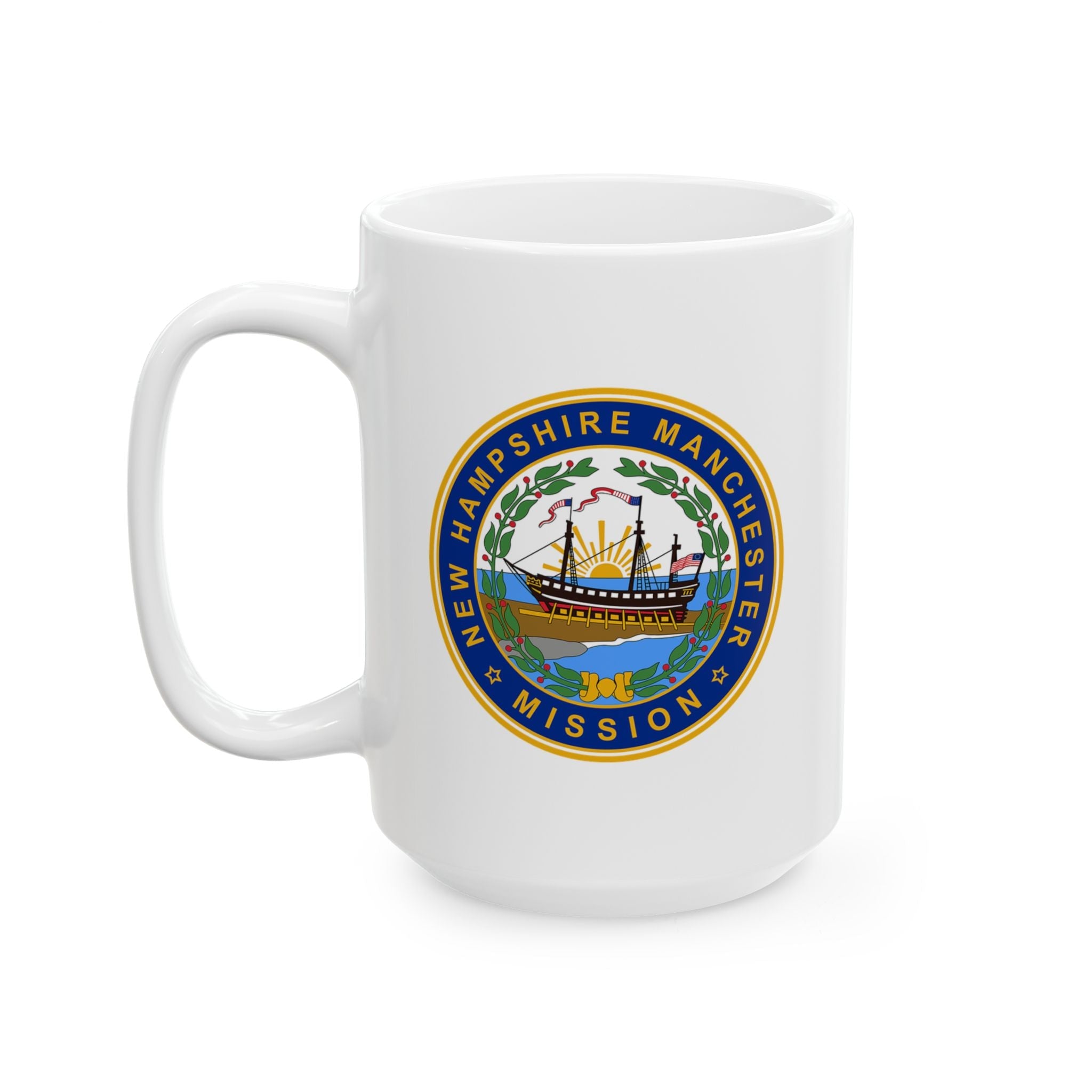 New Hampshire Manchester Mission State Flag Logo Ceramic Mug White Name - Latter-Day Saint LDS Missionary Gift - Book of Mormon